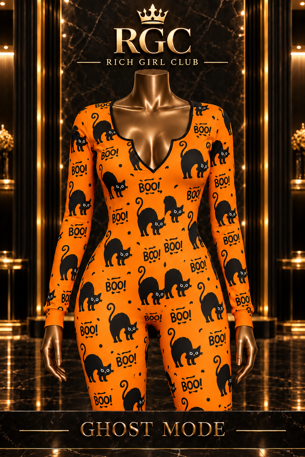 Orange cat and BOO print Ghost Mode jumpsuit neckline detail