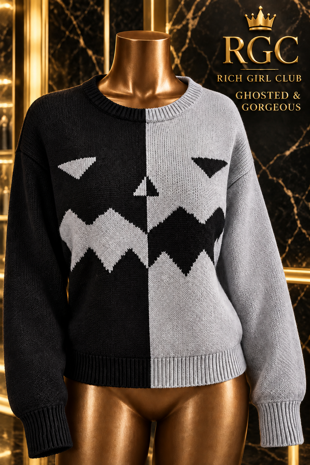 Ghosted & Gorgeous Grey and black sweater front on an RGC mannequin