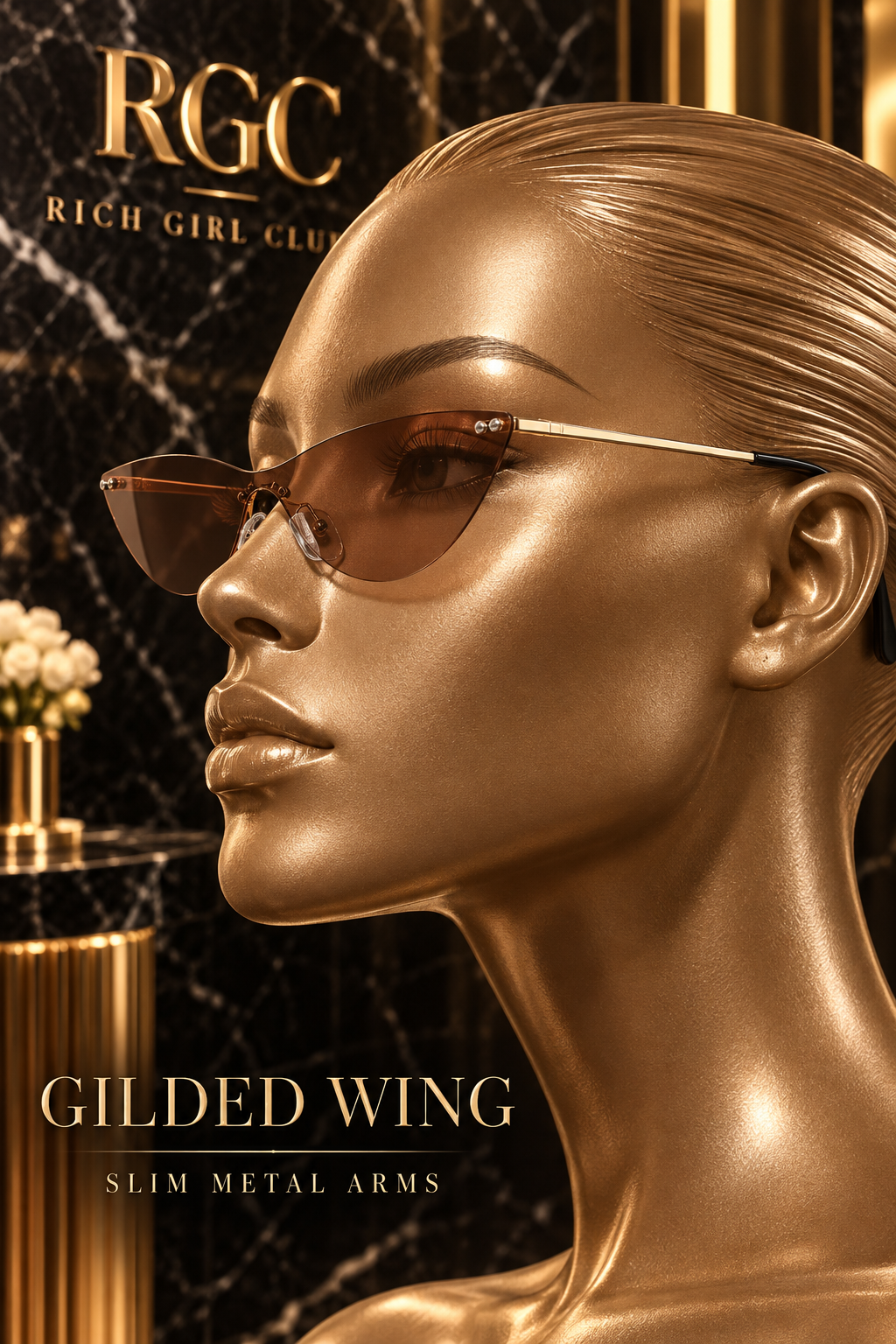 Side profile of Gilded Wing Brown rimless sunglasses showing slim metal arms