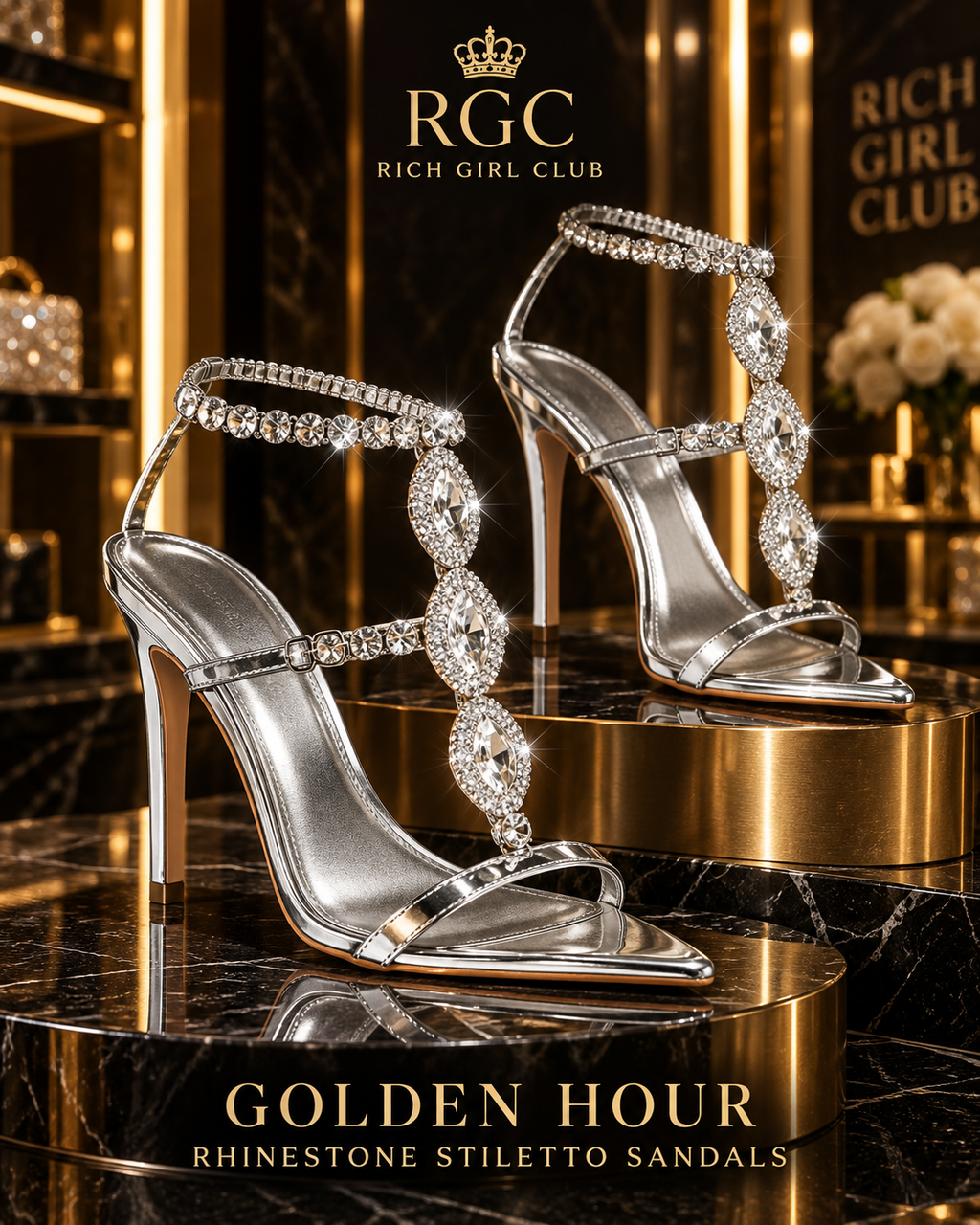 Golden Hour Rhinestone Stiletto Sandals in Silver with three faceted T-strap ornaments