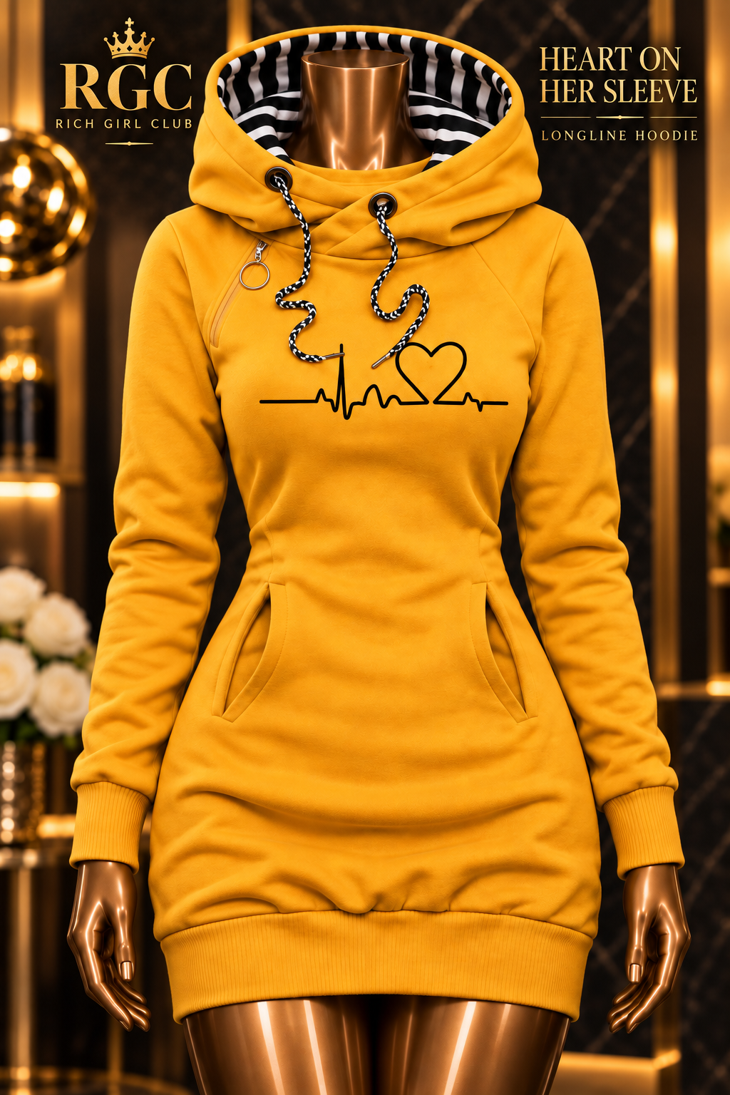 Yellow Heart on Her Sleeve Longline Hoodie construction details with Rich Girl Club branding.