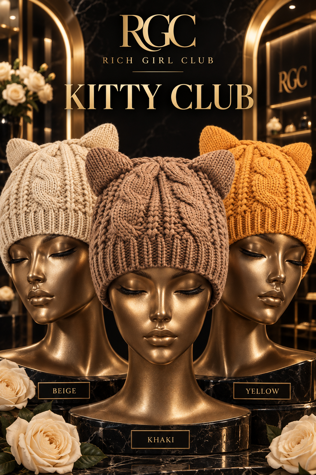 RGC Kitty Club cat-ear knit beanies in beige, khaki, and yellow