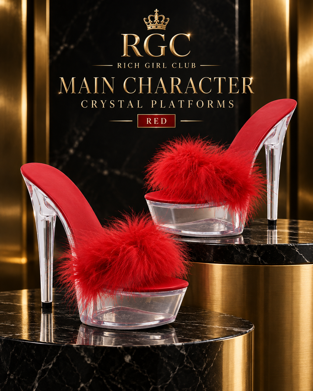 Main Character Crystal Platforms in Red with feather band and clear platform