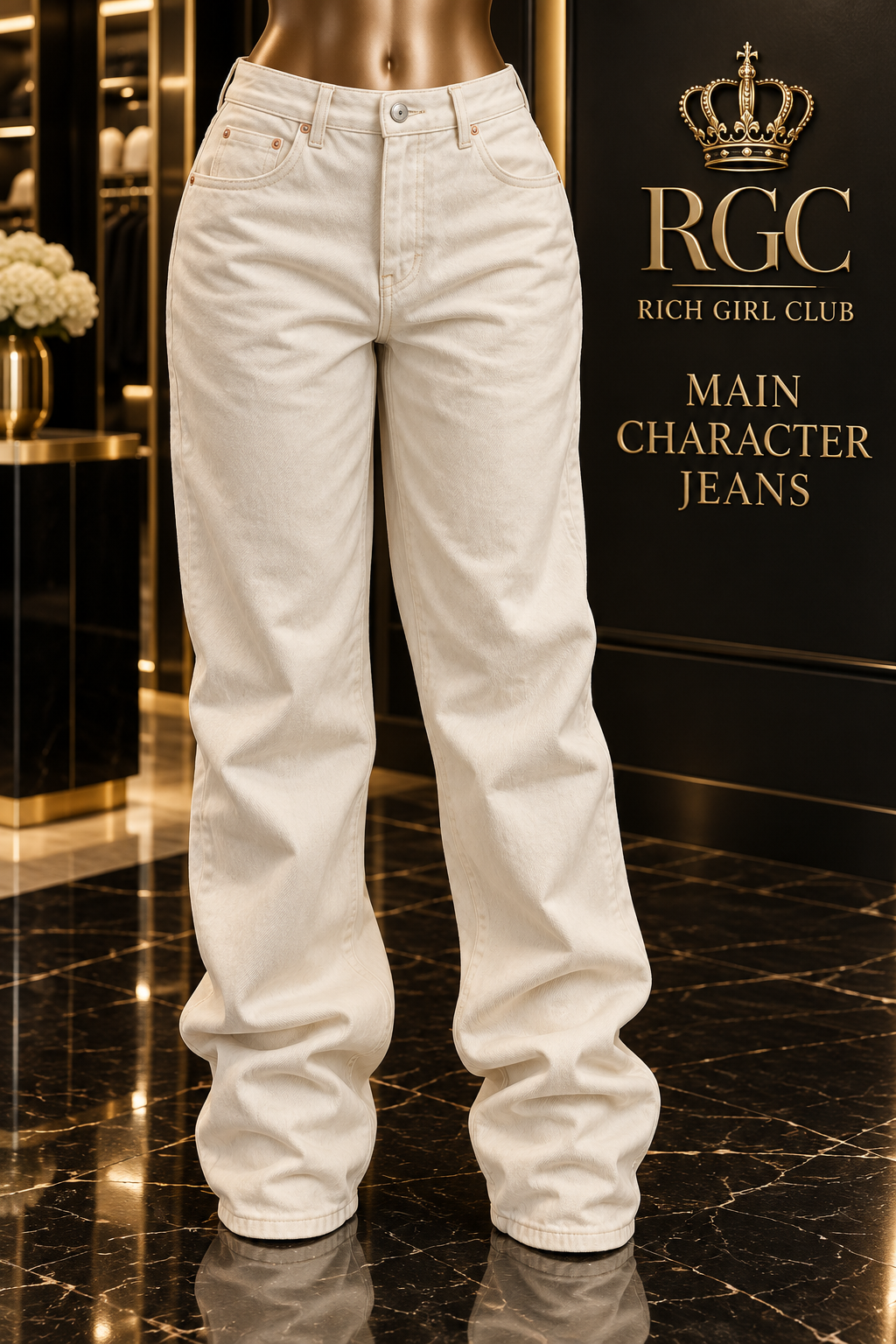 Front view of Off White Main Character Jeans with a high-rise waist and full-length loose leg.