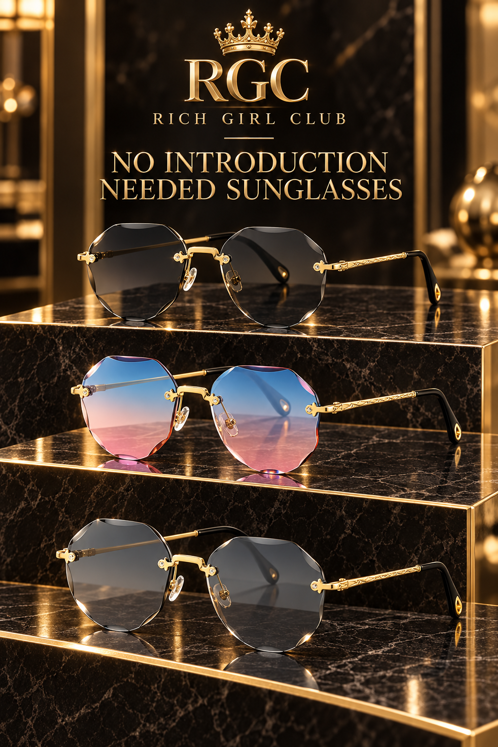 No Introduction Needed Sunglasses in Black grey gold, Blue pink, and Grey