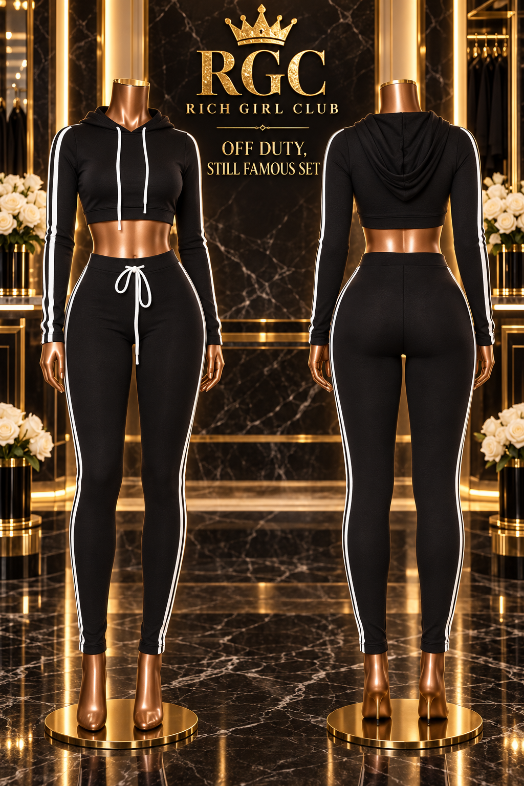 Front and back views of the Black Off Duty, Still Famous cropped hoodie and fitted trouser set.