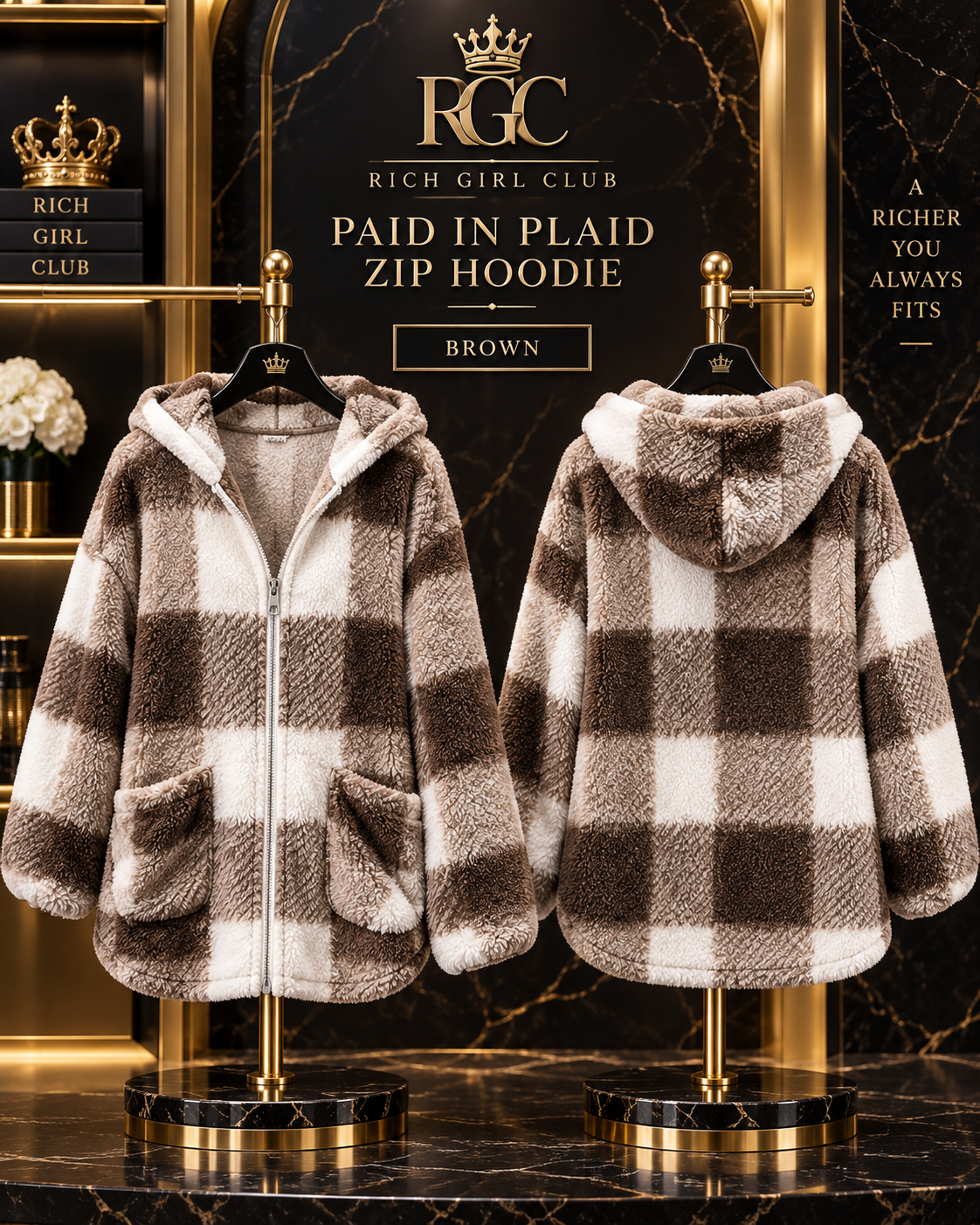 Paid in Plaid Zip Hoodie in Brown, front and back