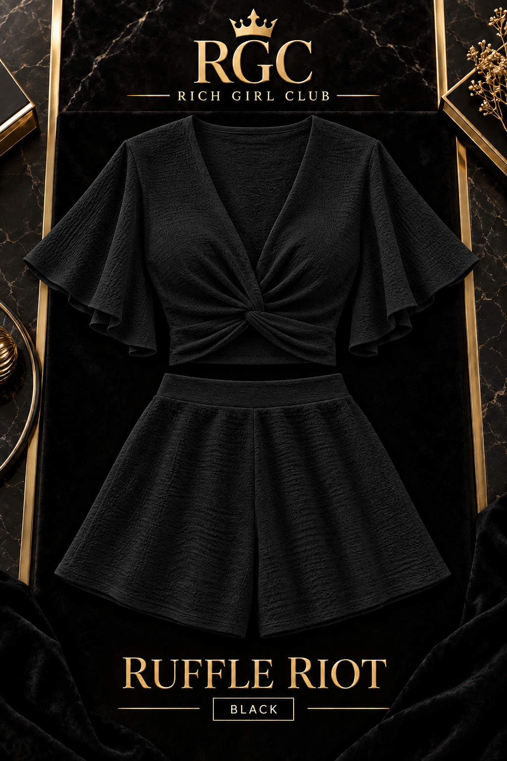 Ruffle Riot Black twist-front top and matching shorts front view
