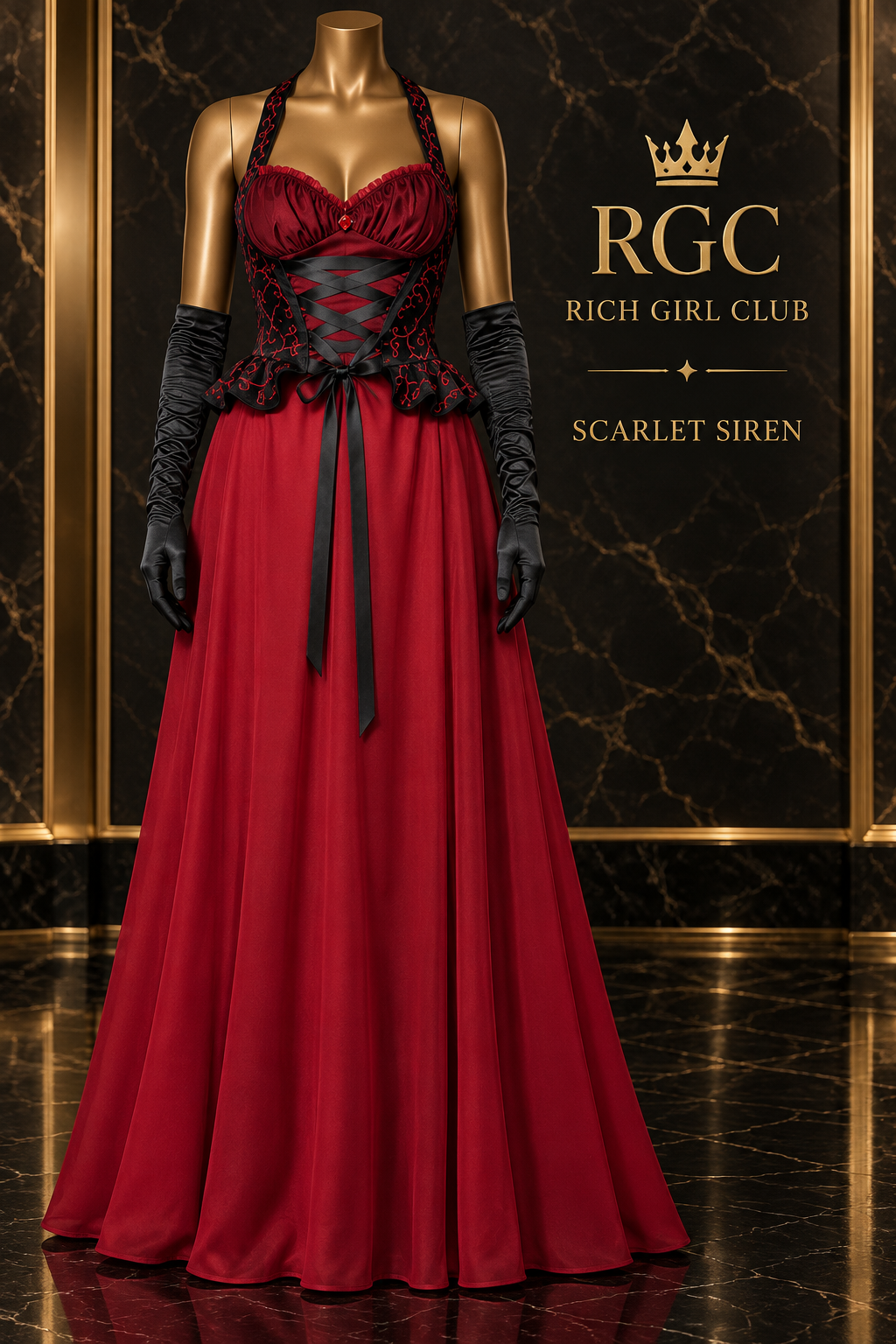 Scarlet Siren red-and-black costume without the cape, showing crossing waist bands and a floor-length skirt