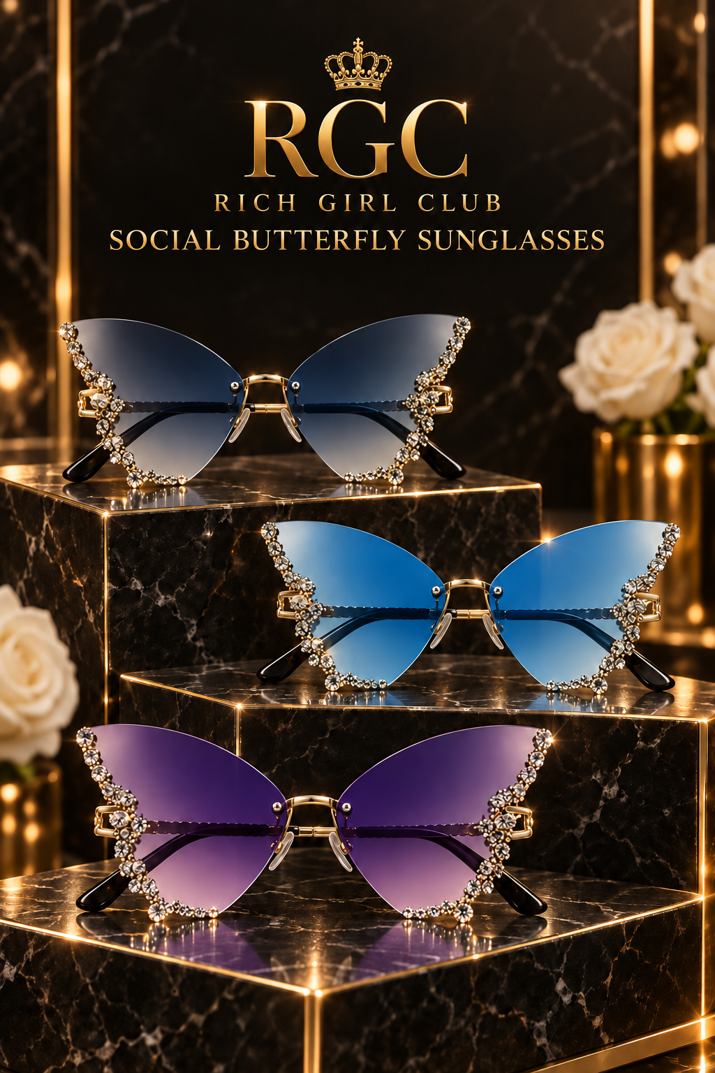 Blue Smoke Gradient, Ice Blue, and Violet Gradient Social Butterfly Sunglasses finish selection.
