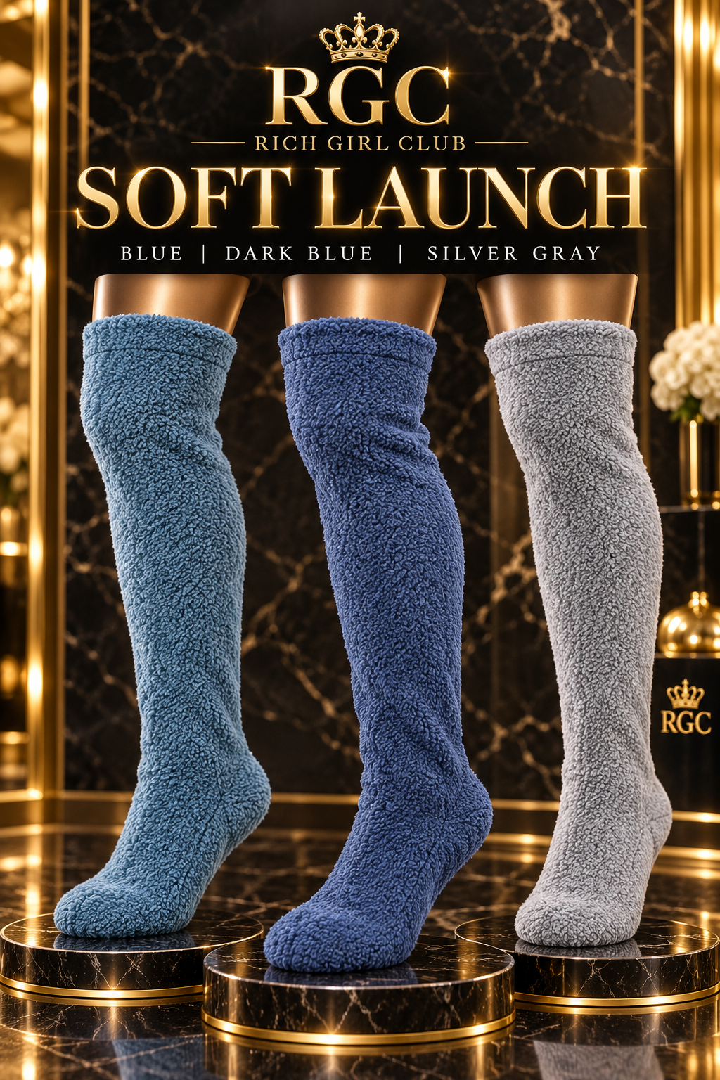 Soft Launch fuzzy over-the-knee socks in Blue, Dark Blue, and Silver Gray