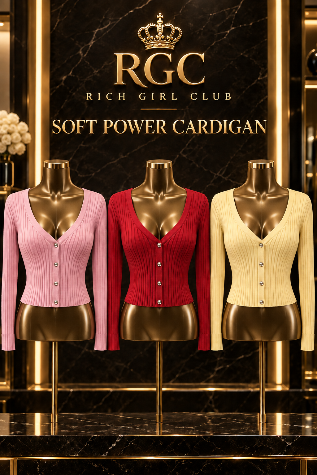 Soft Power Cardigan in pink, red, and yellow on RGC mannequins