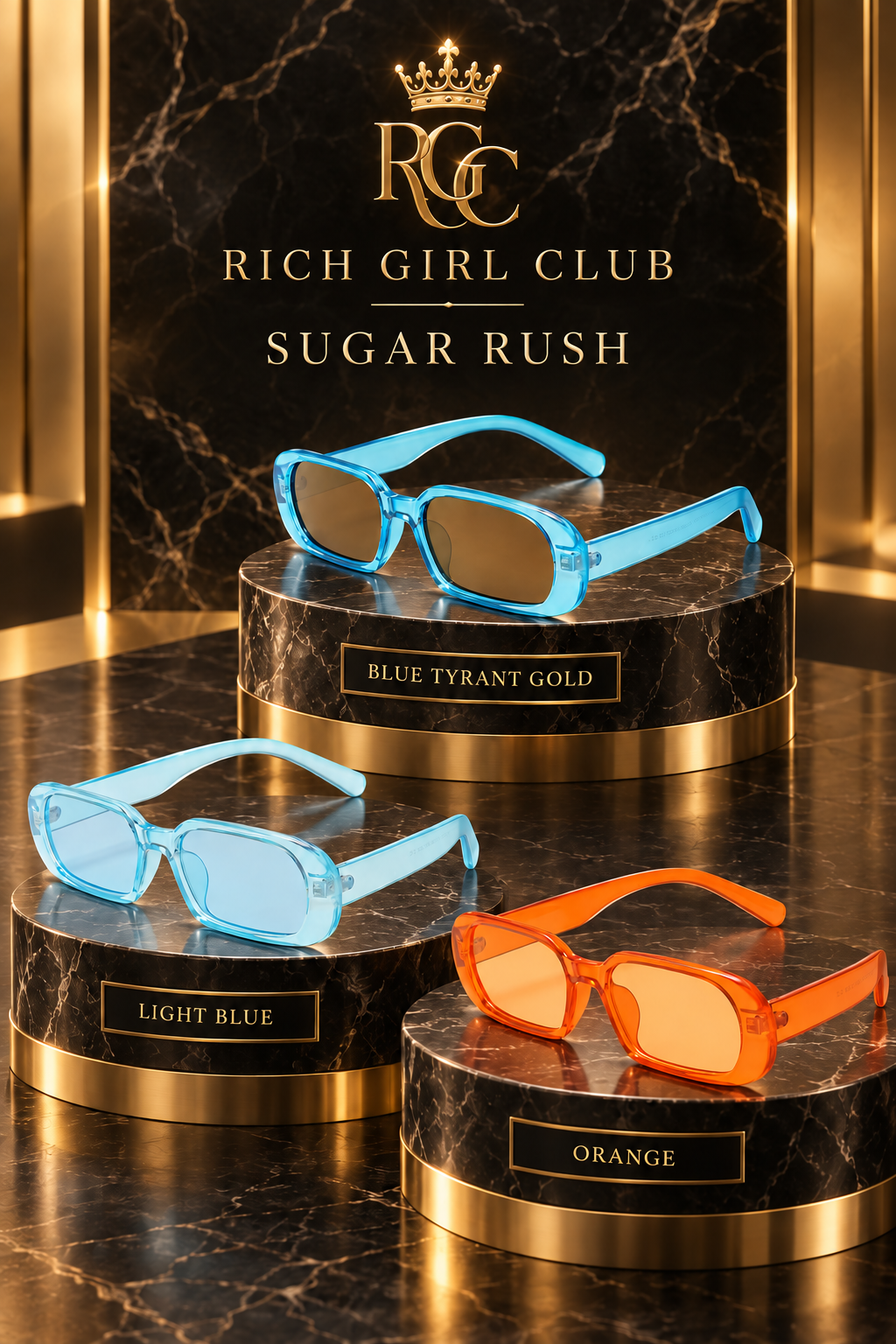 Sugar Rush sunglasses by Rich Girl Club in Blue Tyrant Gold, Light Blue, and Orange.