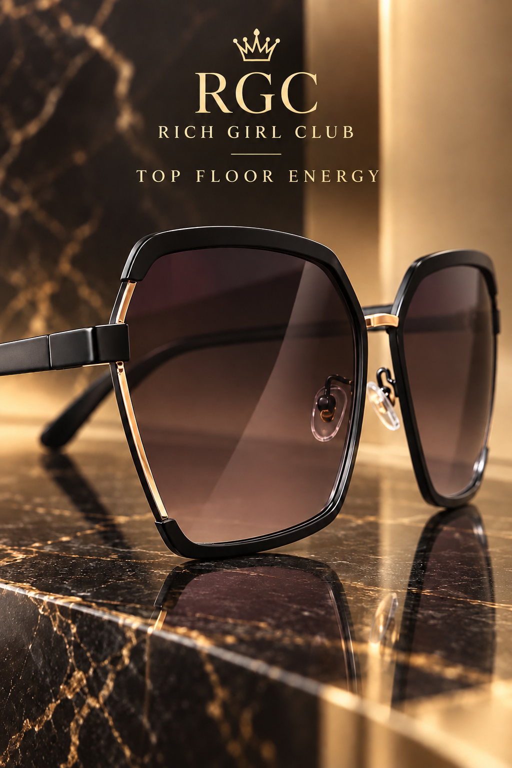 Top Floor Energy black oversized metal half-frame sunglasses hinge and rim close-up