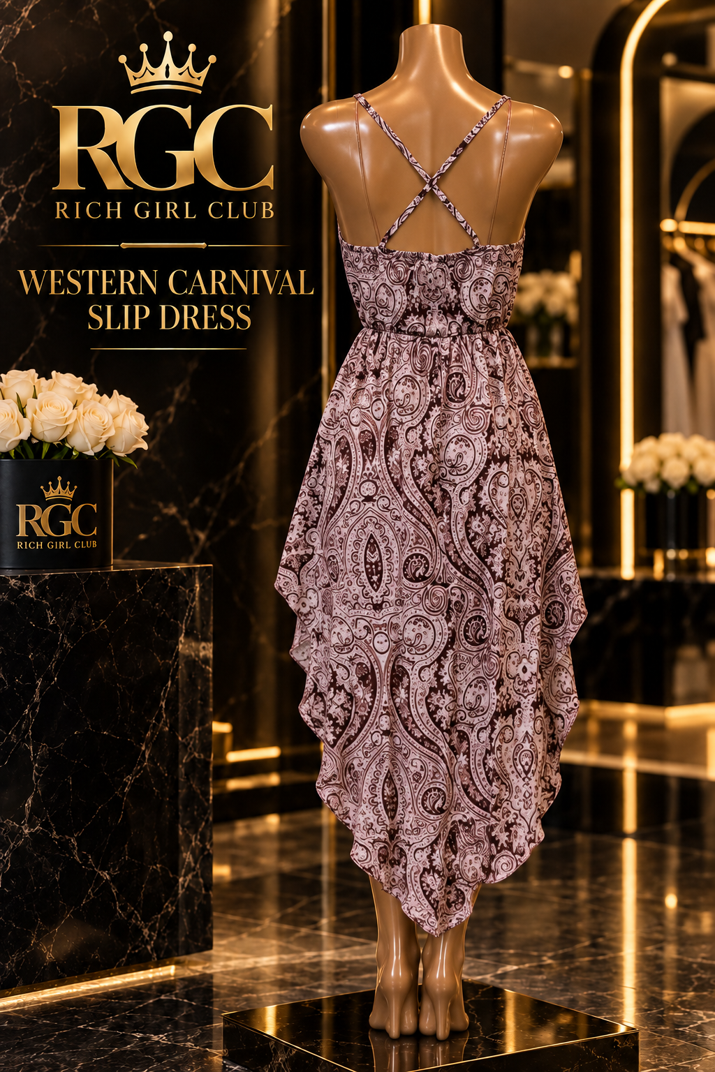Western Carnival slip dress back view with crossed straps and long rounded hem