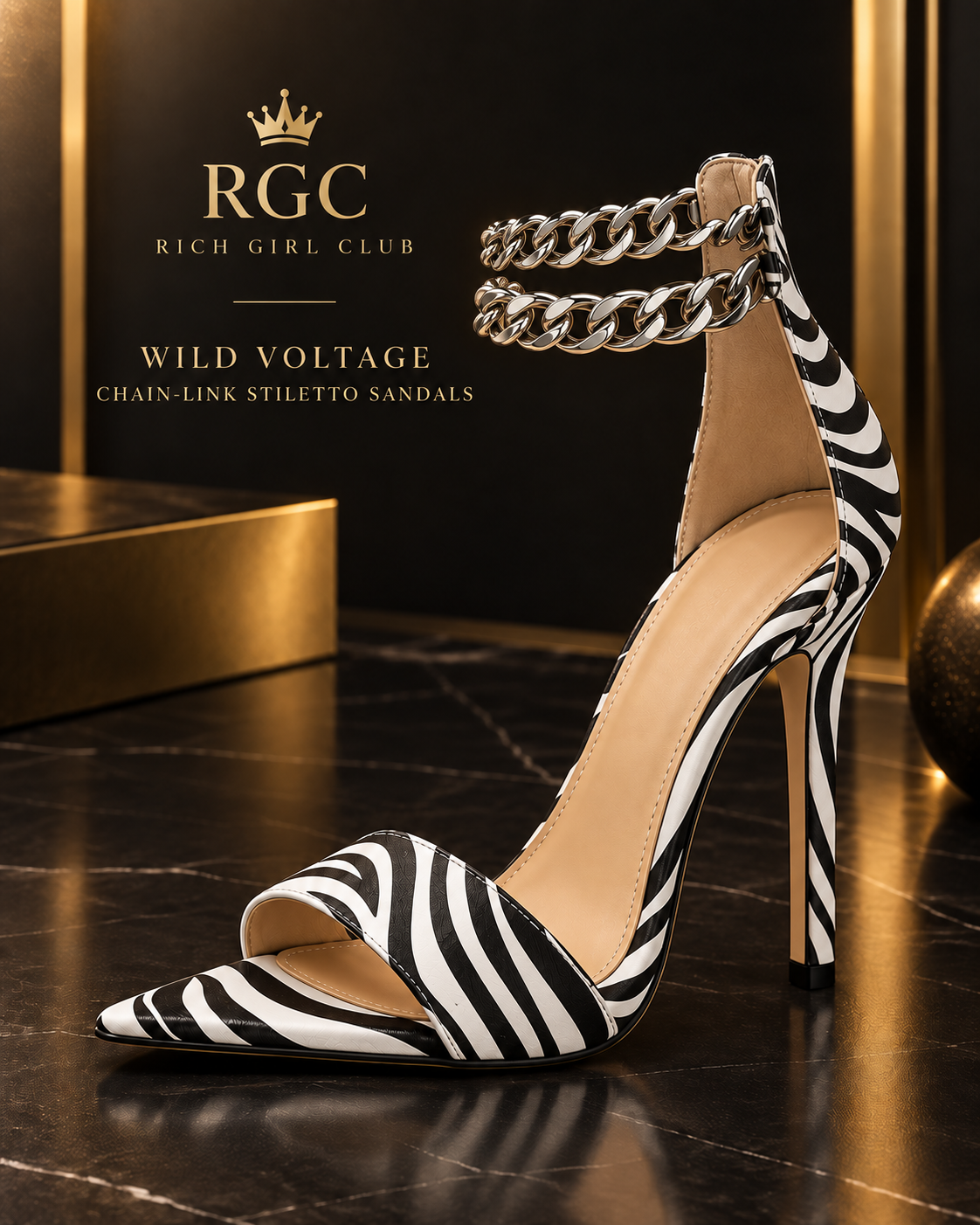Wild Voltage Chain-Link Stiletto Sandals in zebra pattern with two silver-tone chain rows