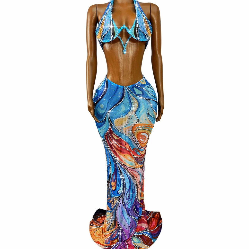 Diamond Rain Rhinestone Skirt Set on a mannequin, full-length front view