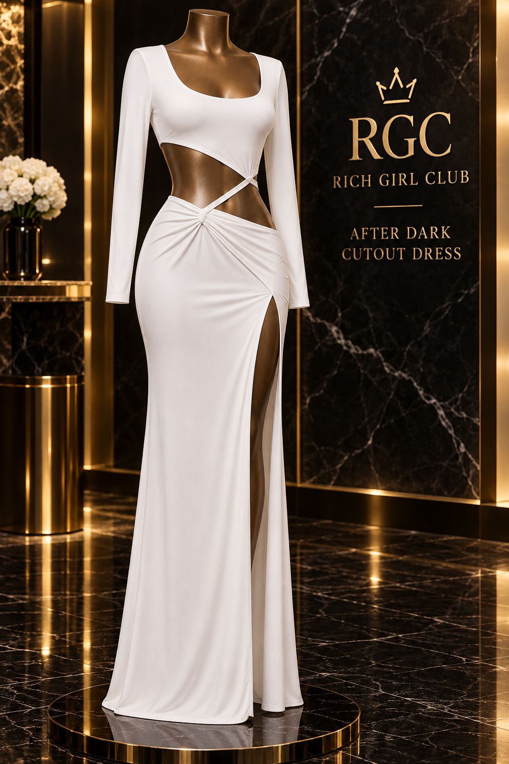 After Dark Cutout Dress in White on a bronze mannequin in the Rich Girl Club boutique