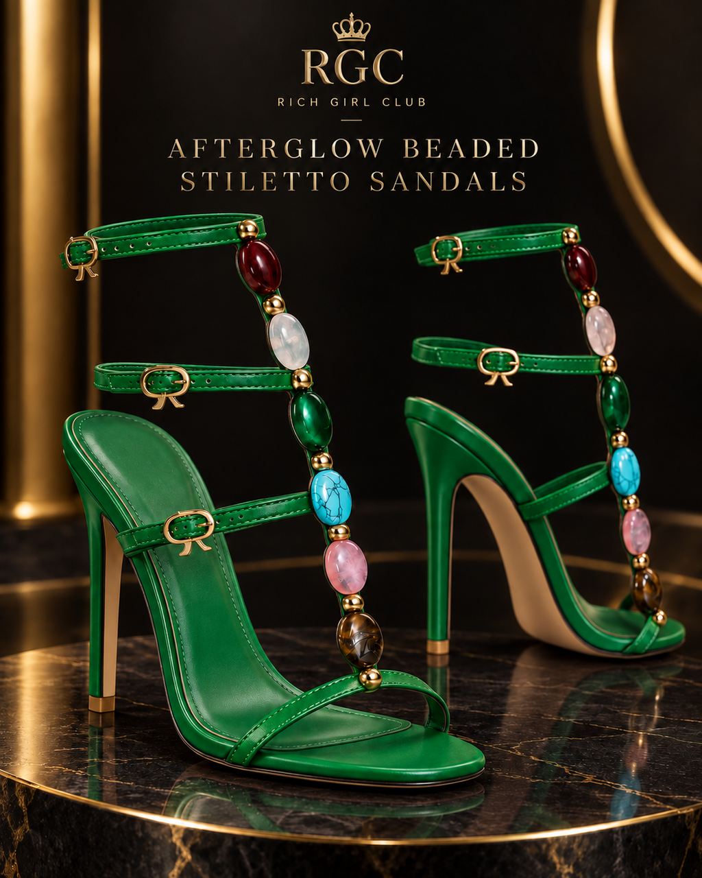 Green Afterglow beaded open-toe stiletto sandal with three buckled straps