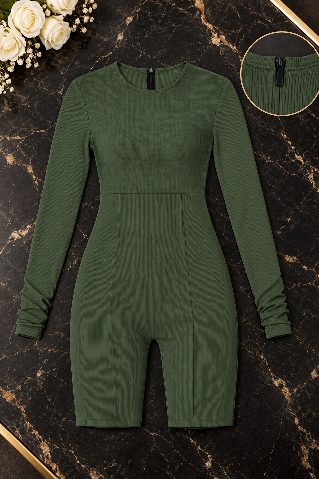 Army green Contour Pulse Knit Jumpsuit flat lay showing its one-piece shape and back-neck zipper detail.
