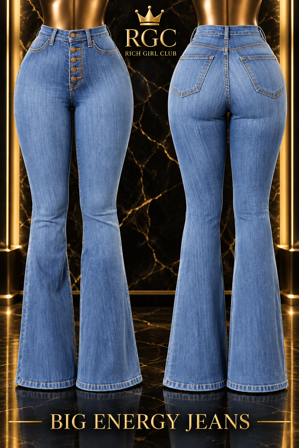 Front and back views of the Light Blue Big Energy Jeans showing the flare silhouette and rear patch pockets.