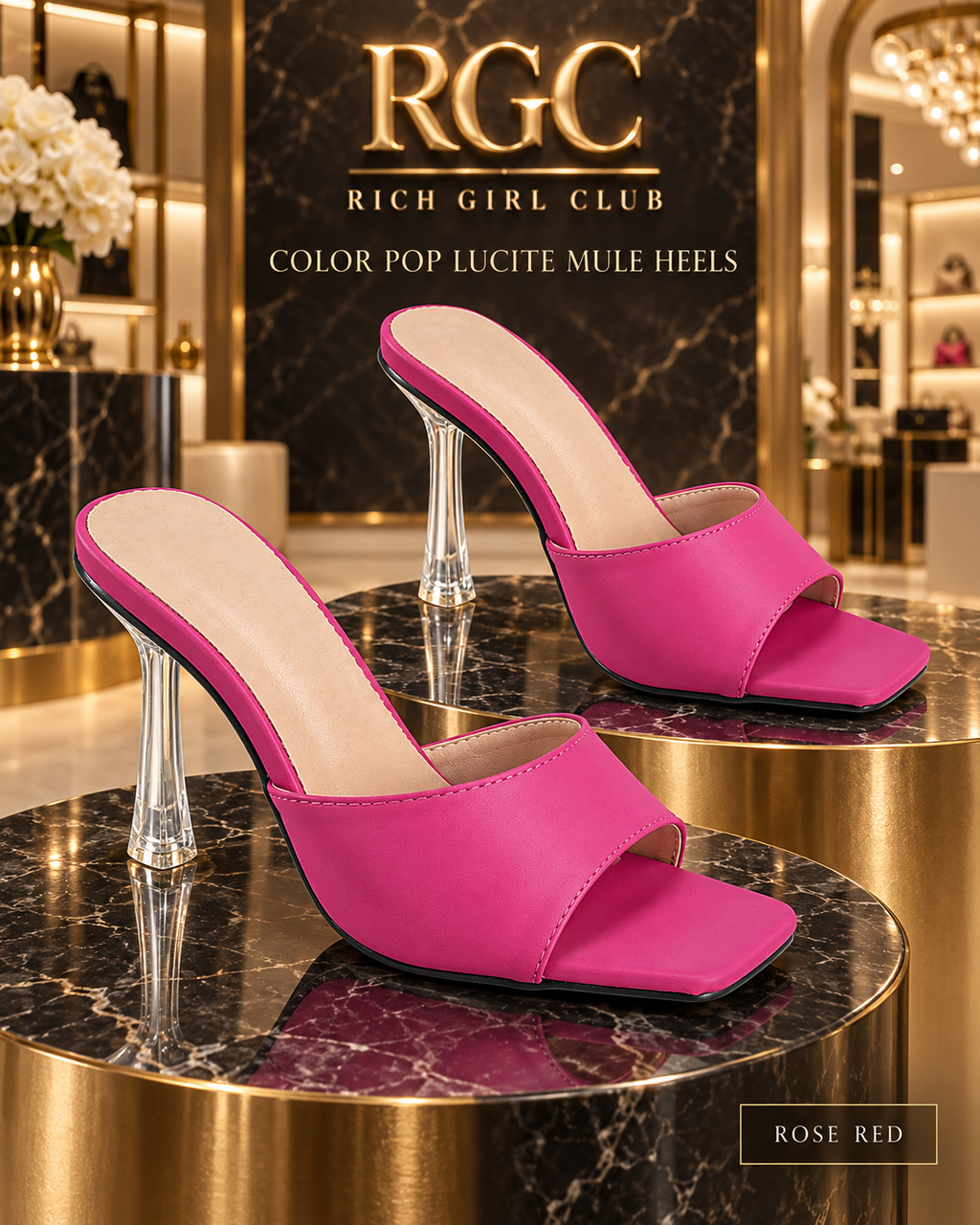 Rose Red Color Pop Lucite Mule Heels with square open toe and clear sculpted heel