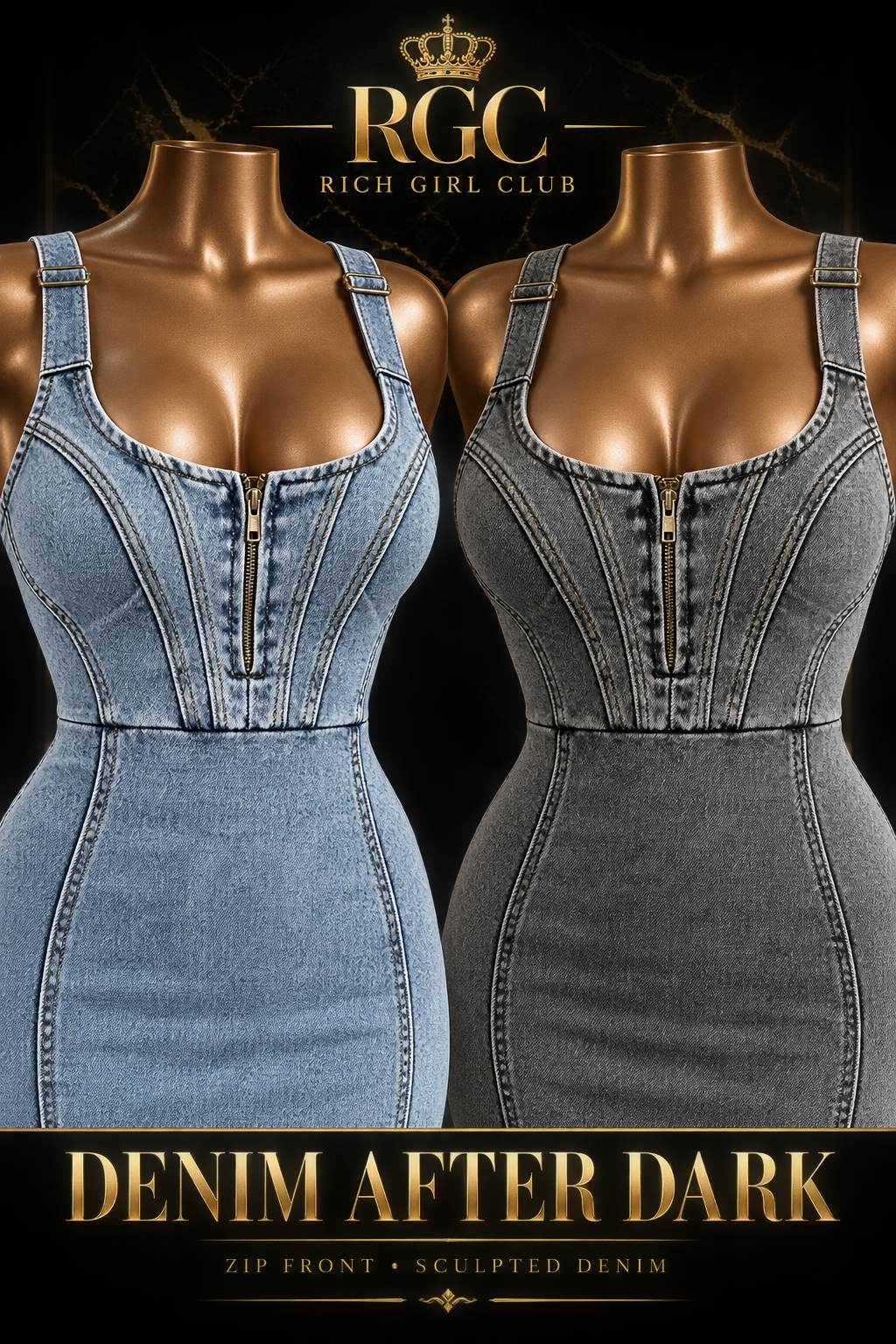 Close-up of Blue and Black Grey After Hours denim midi dresses showing wide straps, curved bodice seams, and front zips.