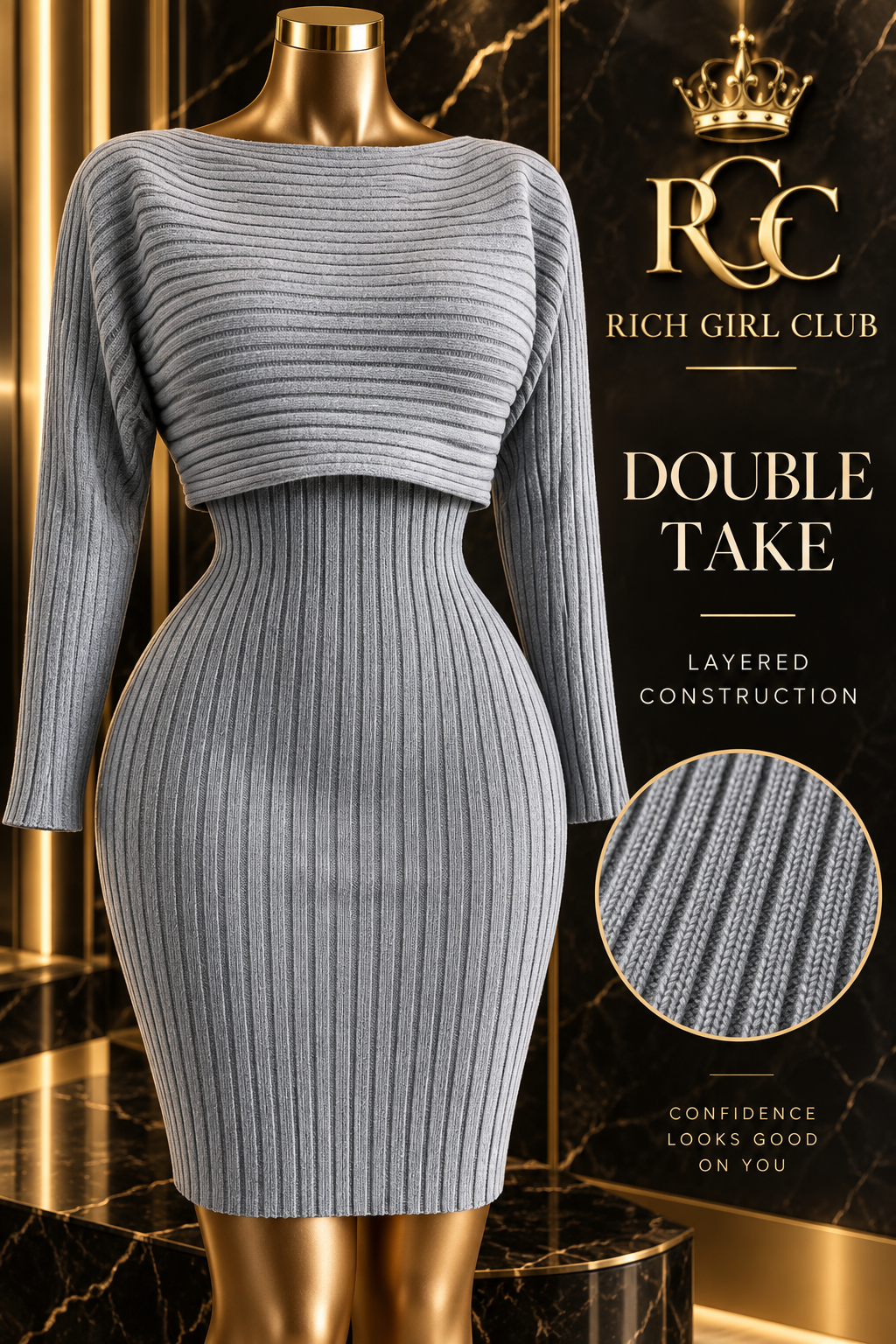 Gray Double Take set by Rich Girl Club in a close construction view on a curvy bronze Viper mannequin.