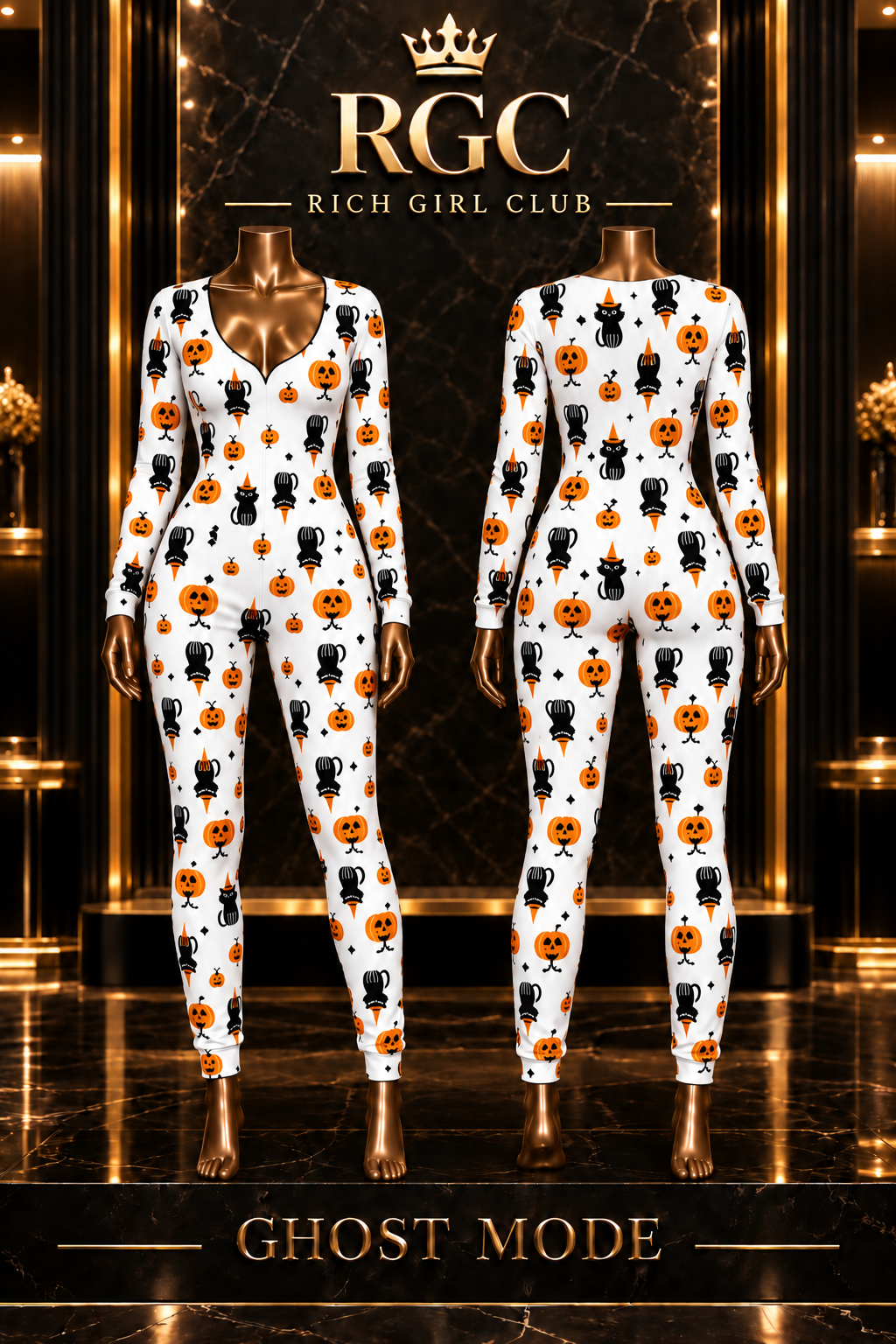 White cat and pumpkin print Ghost Mode jumpsuit front and back views