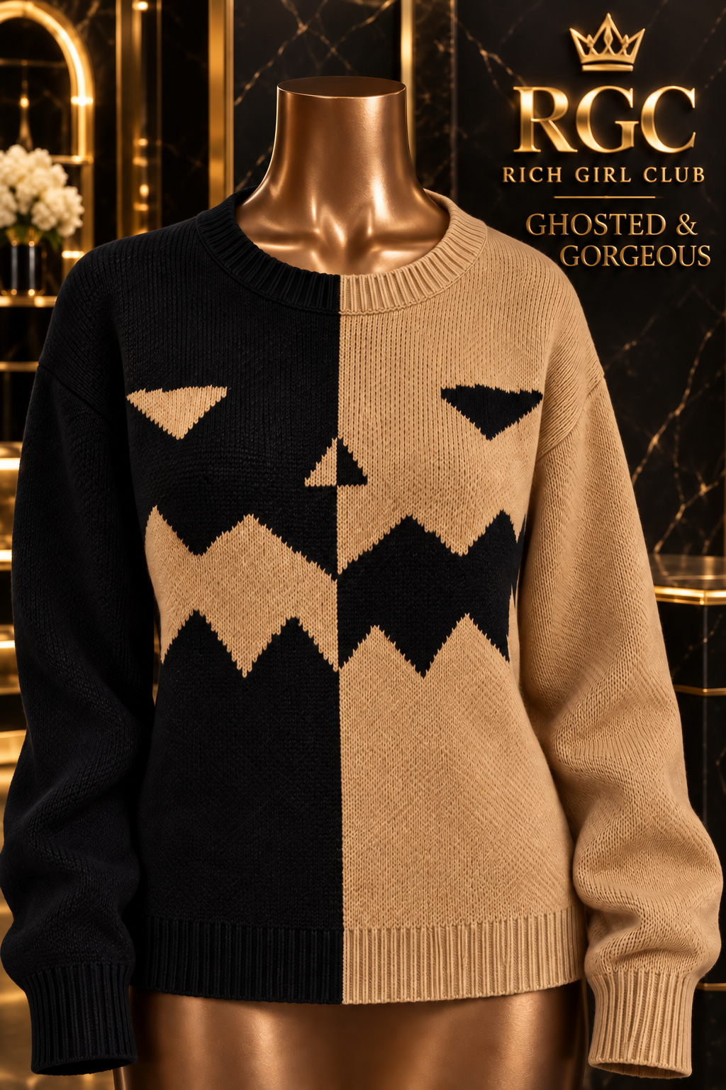 Ghosted & Gorgeous Khaki and black sweater front on an RGC mannequin