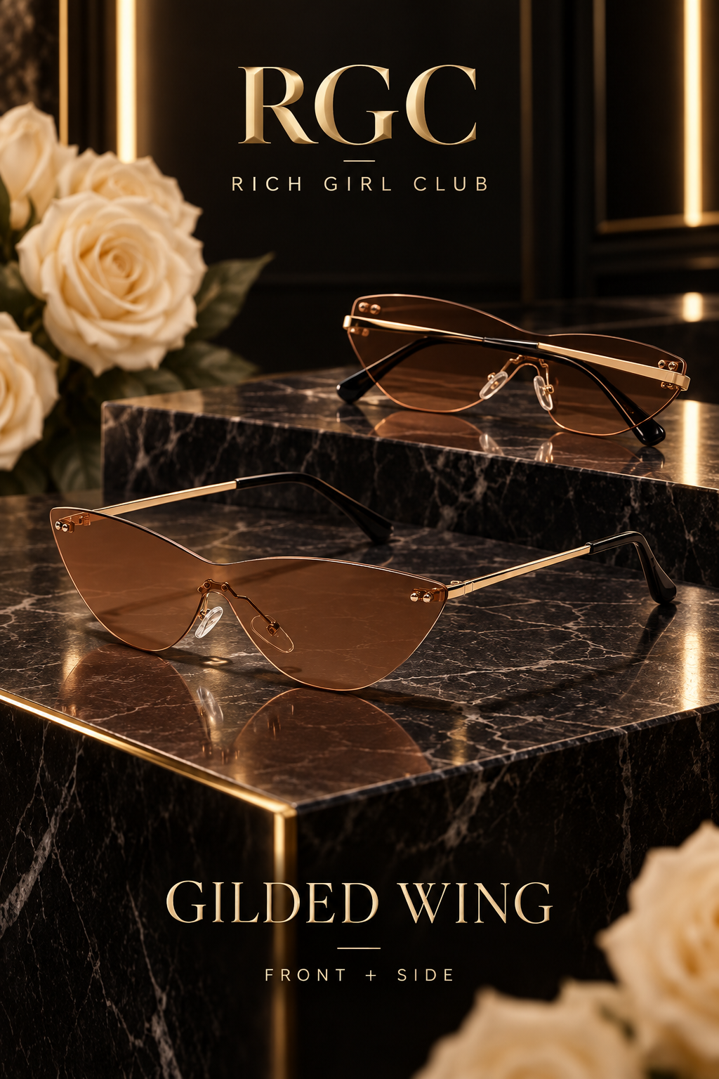 Gilded Wing Brown rimless cat-eye sunglasses shown from front and side angles