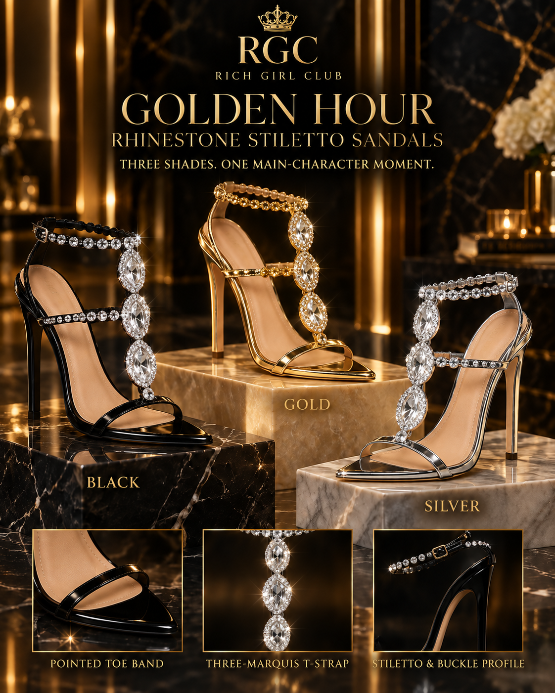 Golden Hour Rhinestone Stiletto Sandals in Black, Gold, and Silver