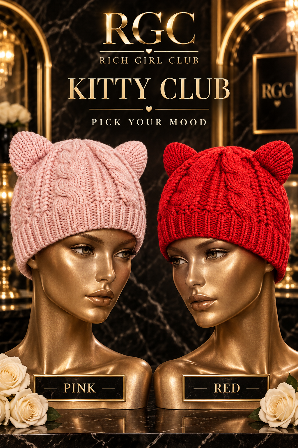 RGC Kitty Club cat-ear knit beanies in pink and red, close-up