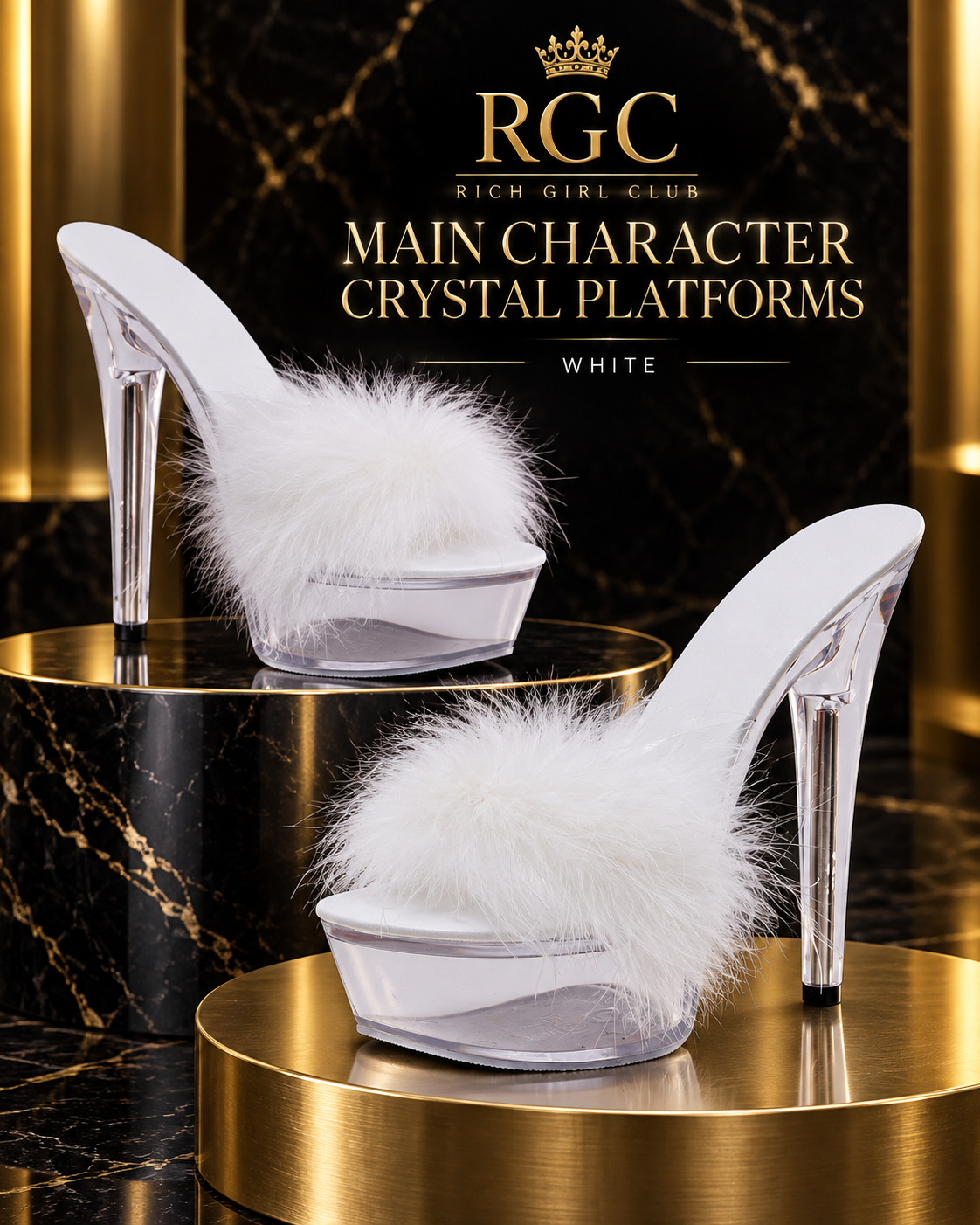 Main Character Crystal Platforms in White with feather band and clear platform