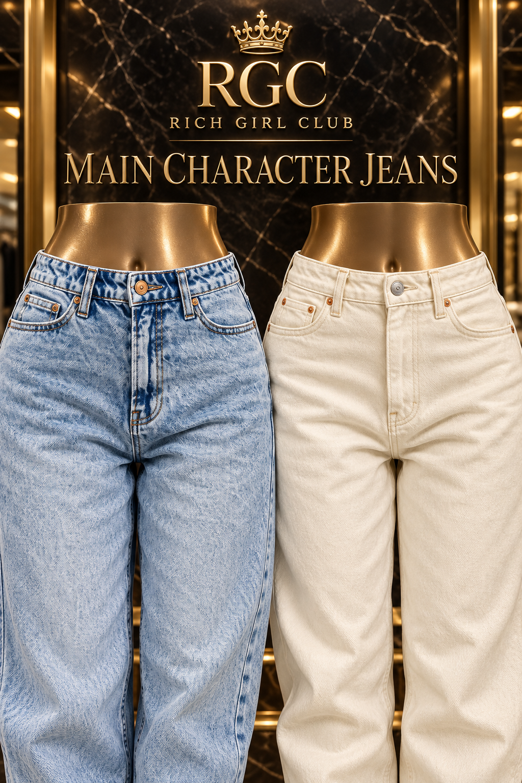 Waistband, pocket, fly, rivet, and denim construction details on Light Blue and Off White Main Character Jeans.