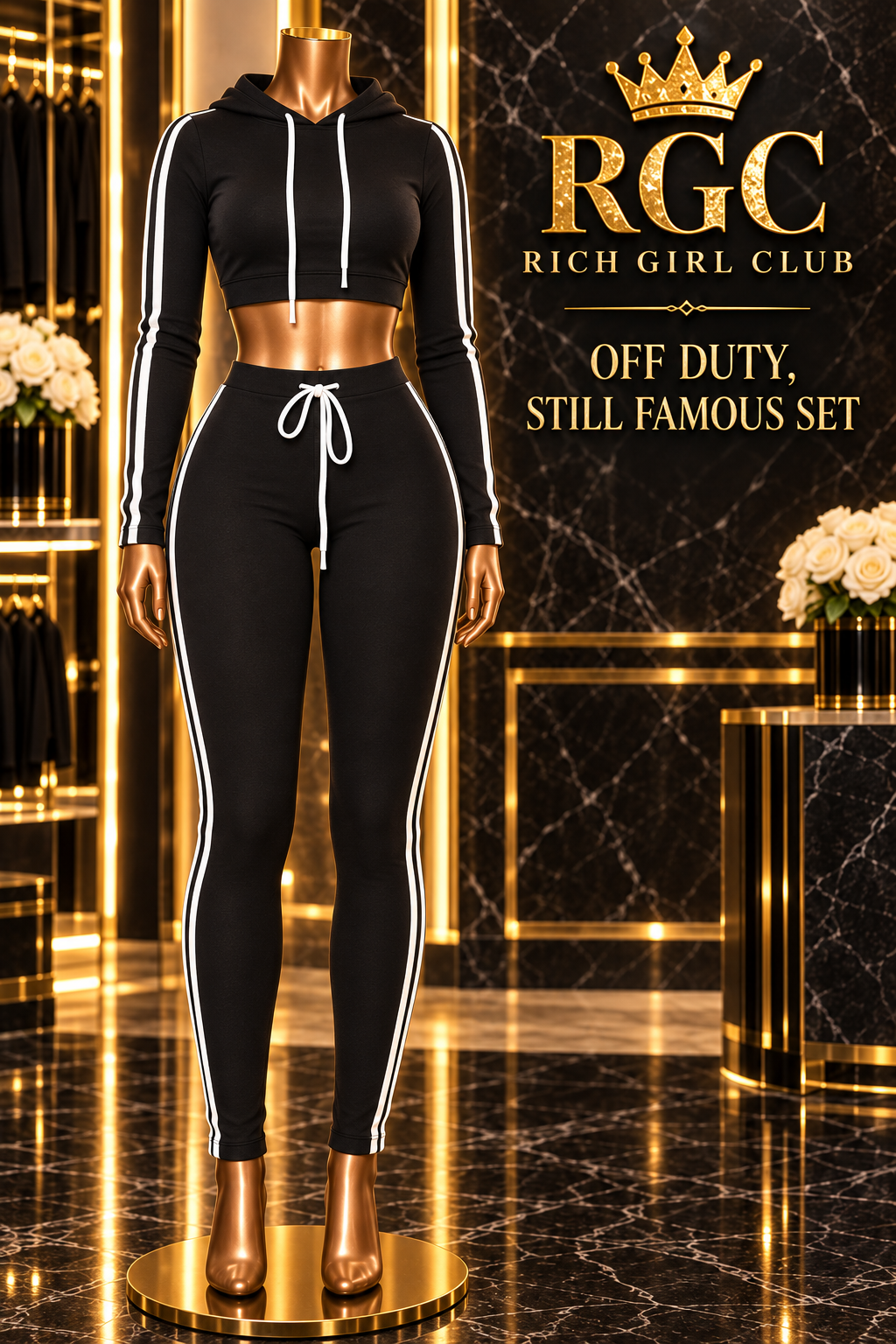 Black Off Duty, Still Famous Set showing the cropped hooded top, drawcord waist, and striped fitted trousers.