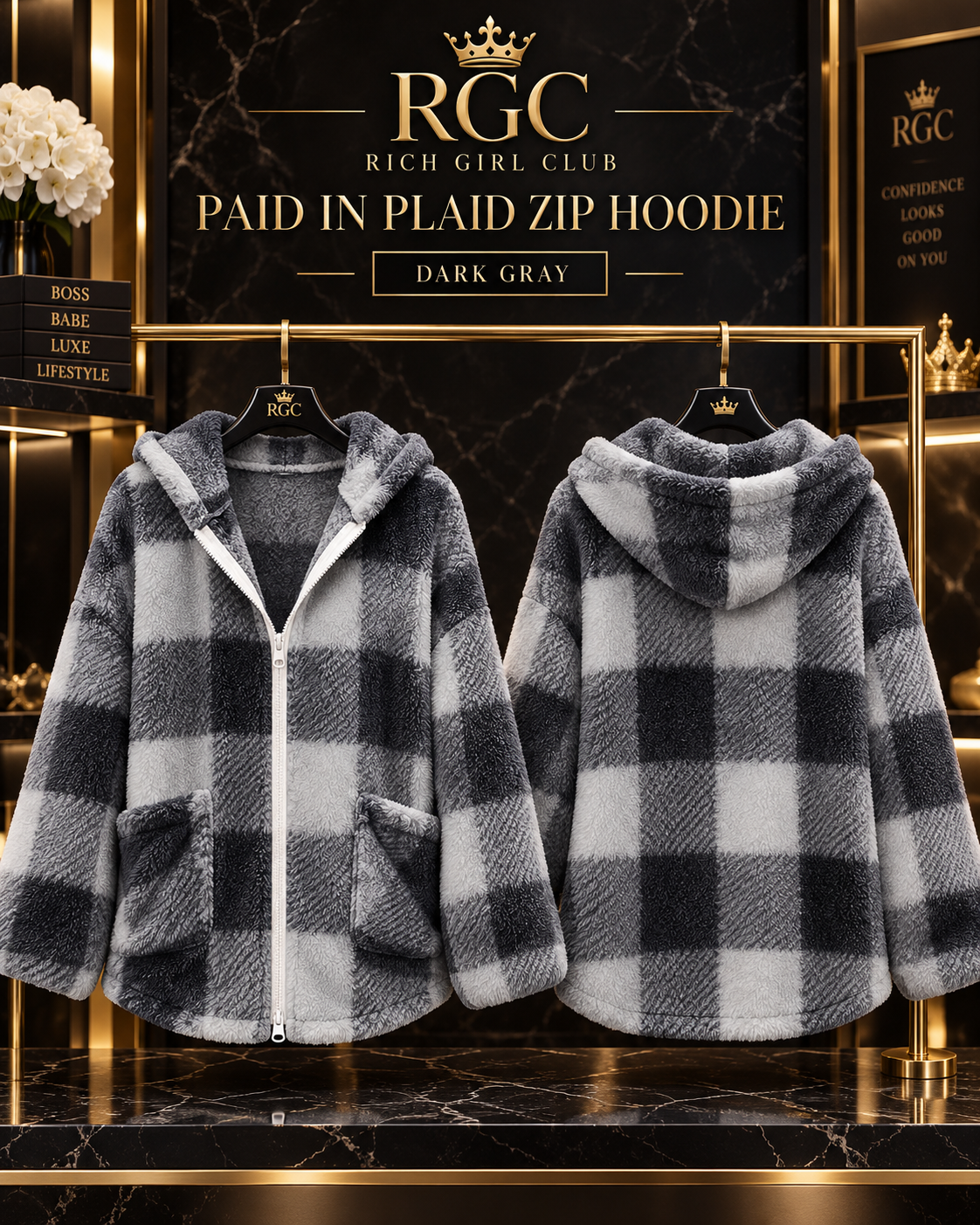 Paid in Plaid Zip Hoodie in Dark Gray, front and back