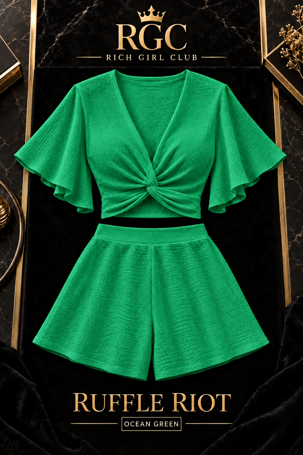 Ruffle Riot Ocean Green twist-front top and matching shorts front view