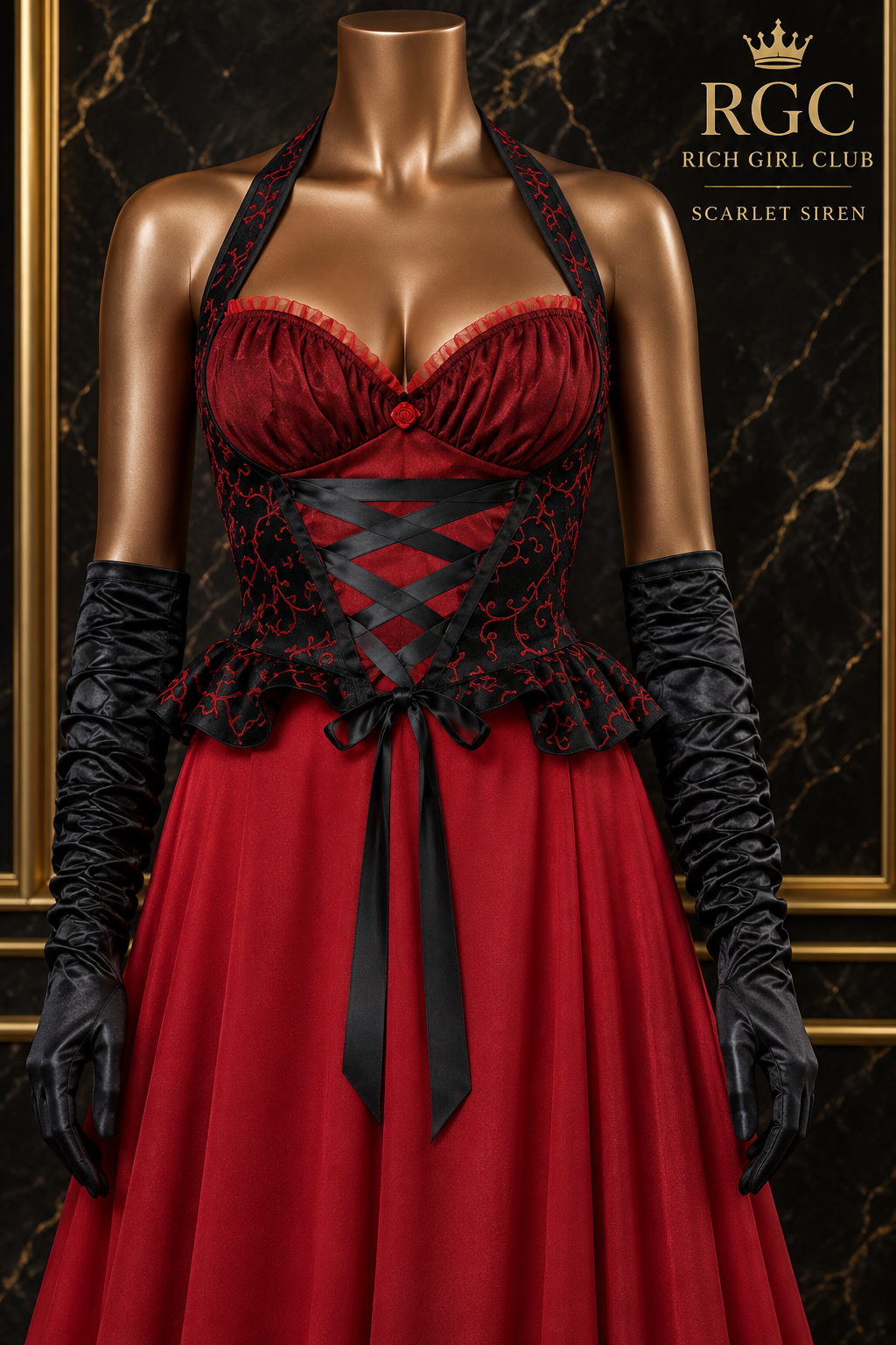 Scarlet Siren costume waist detail with patterned panels, crossing bands, peplum, ribbon tails, and black gloves