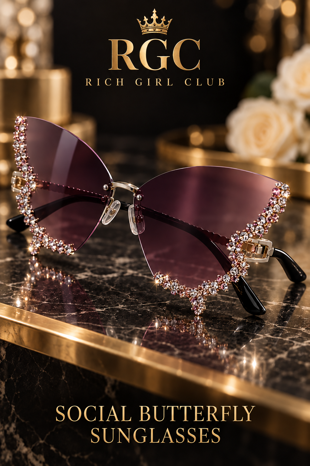 Social Butterfly Sunglasses close-up showing the rhinestone perimeter, rimless bridge, metal arm, and temple detail.