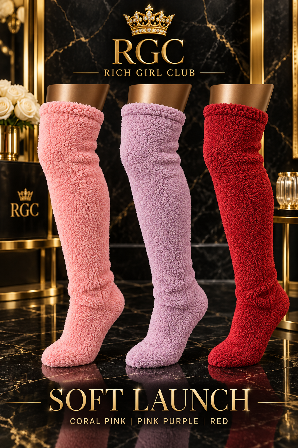 Soft Launch fuzzy over-the-knee socks in Coral Pink, Pink Purple, and Red