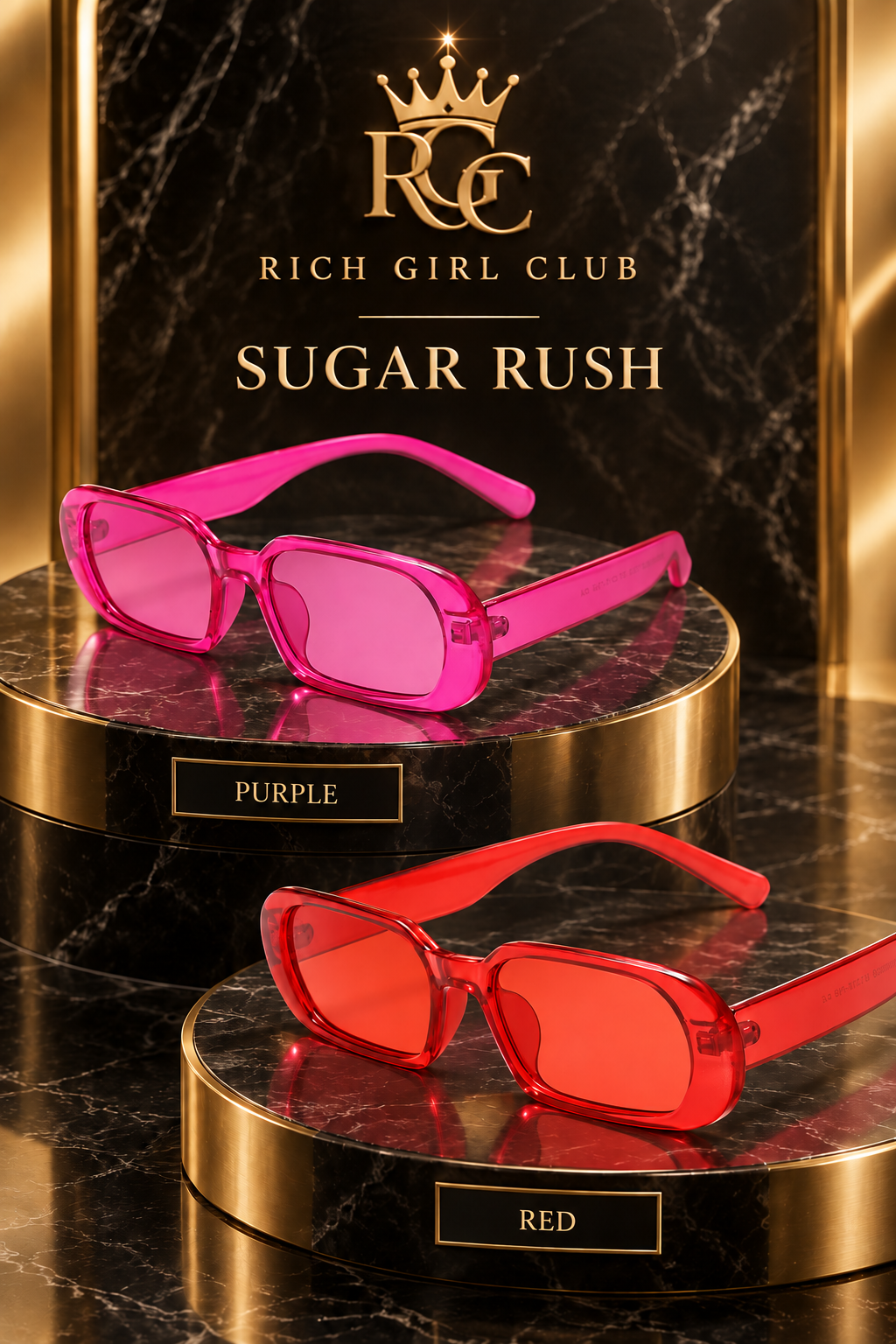 Sugar Rush sunglasses by Rich Girl Club in Purple and Red.