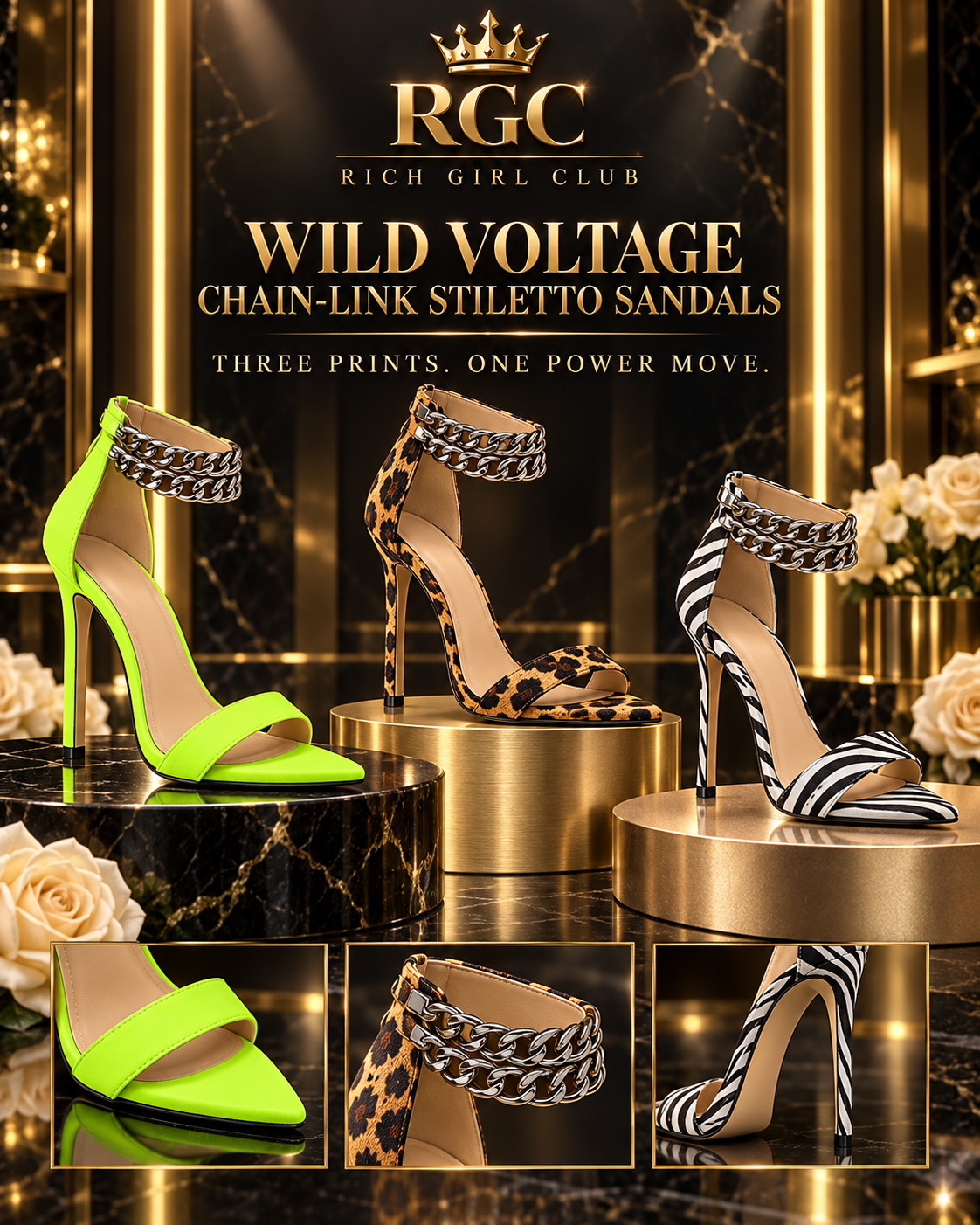 Wild Voltage Chain-Link Stiletto Sandals in Green, Leopard, and Zebra Pattern with two silver-tone chain rows