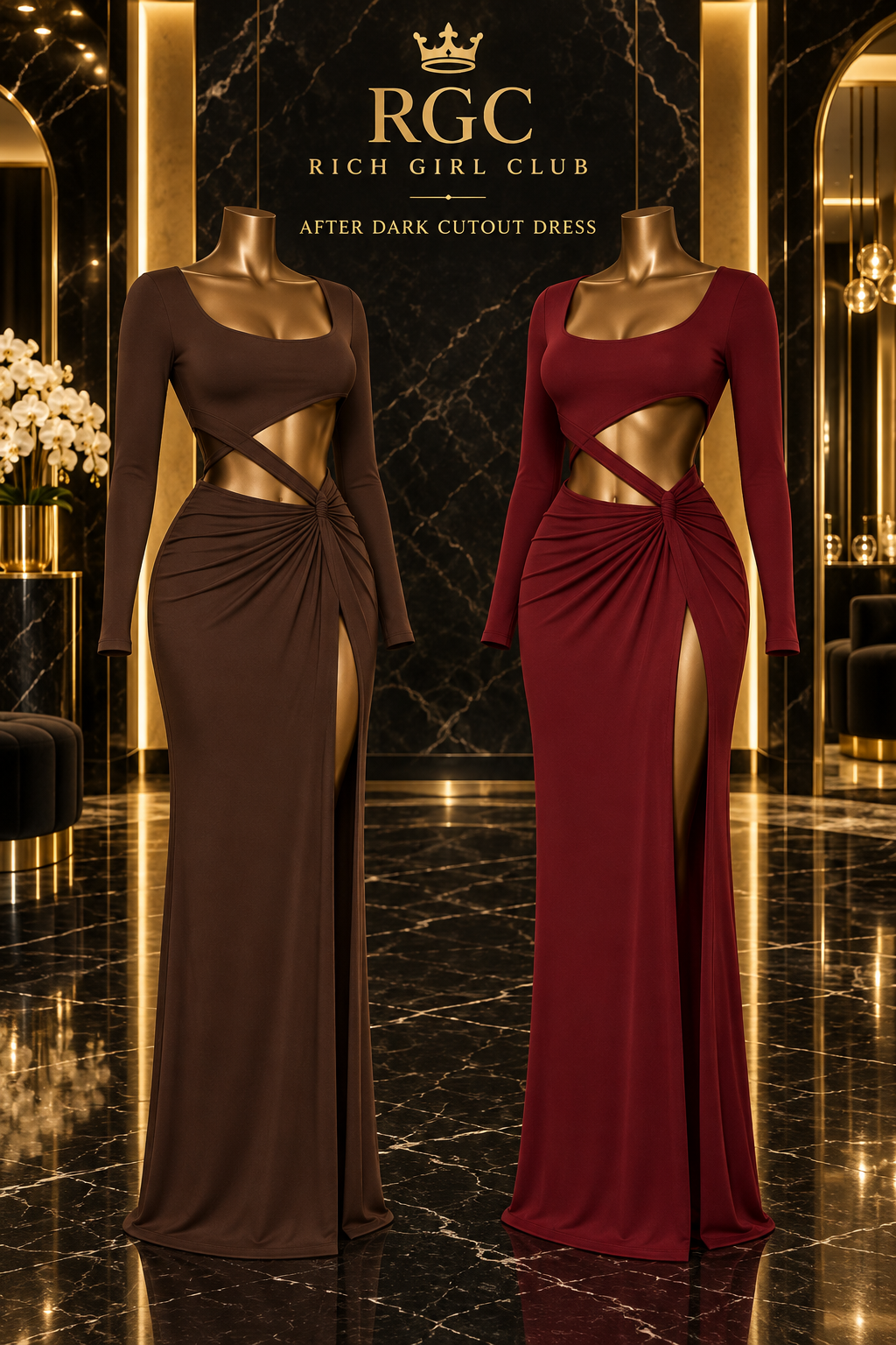 After Dark Cutout Dress in Brown and Wine Red, Rich Girl Club campaign