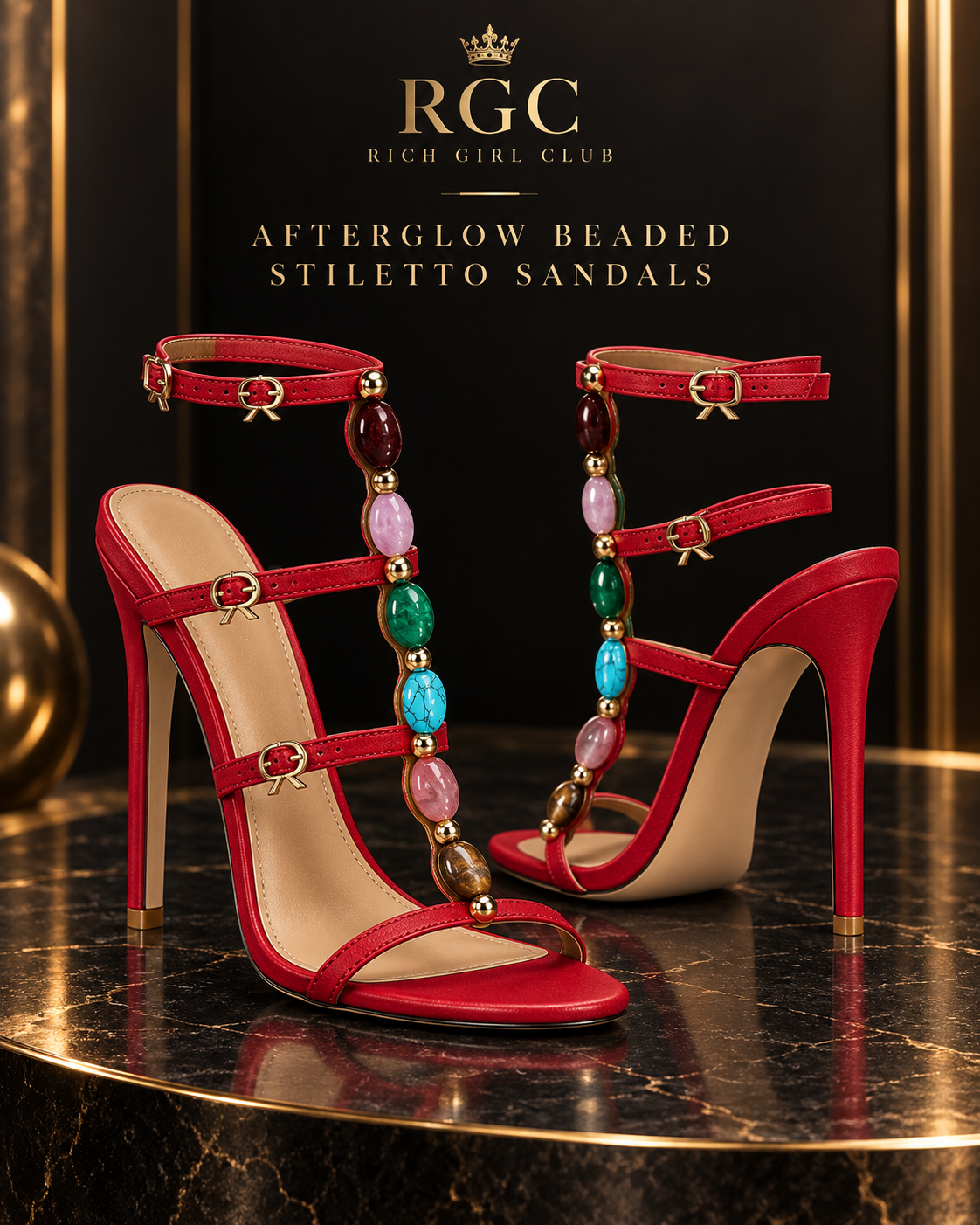 Red Afterglow beaded open-toe stiletto sandal with three buckled straps