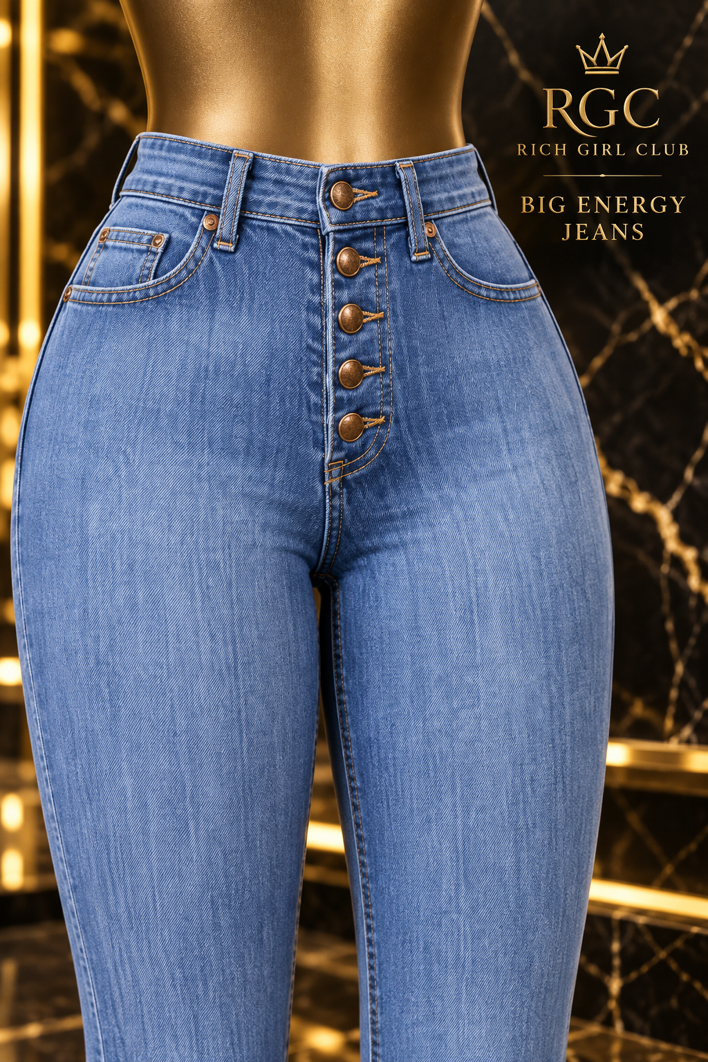 Close view of the Big Energy Jeans five-button fly, curved pockets, belt loops, and contrast stitching.