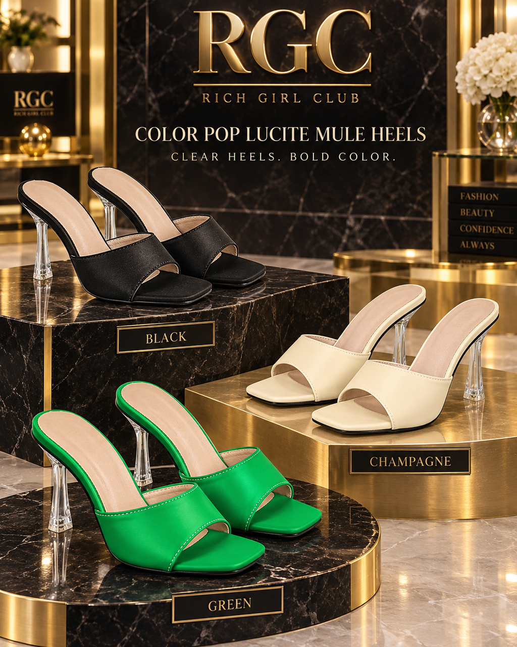 Black, Champagne and Green Color Pop Lucite Mule Heels in a Rich Girl Club campaign