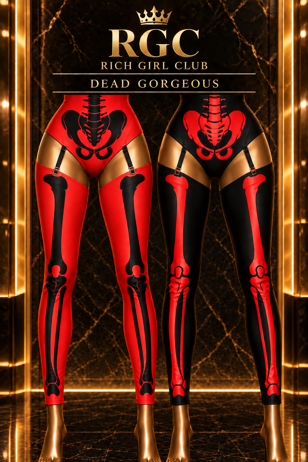 Dead Gorgeous red-and-black skeleton-print costume hip and leg details on mannequins