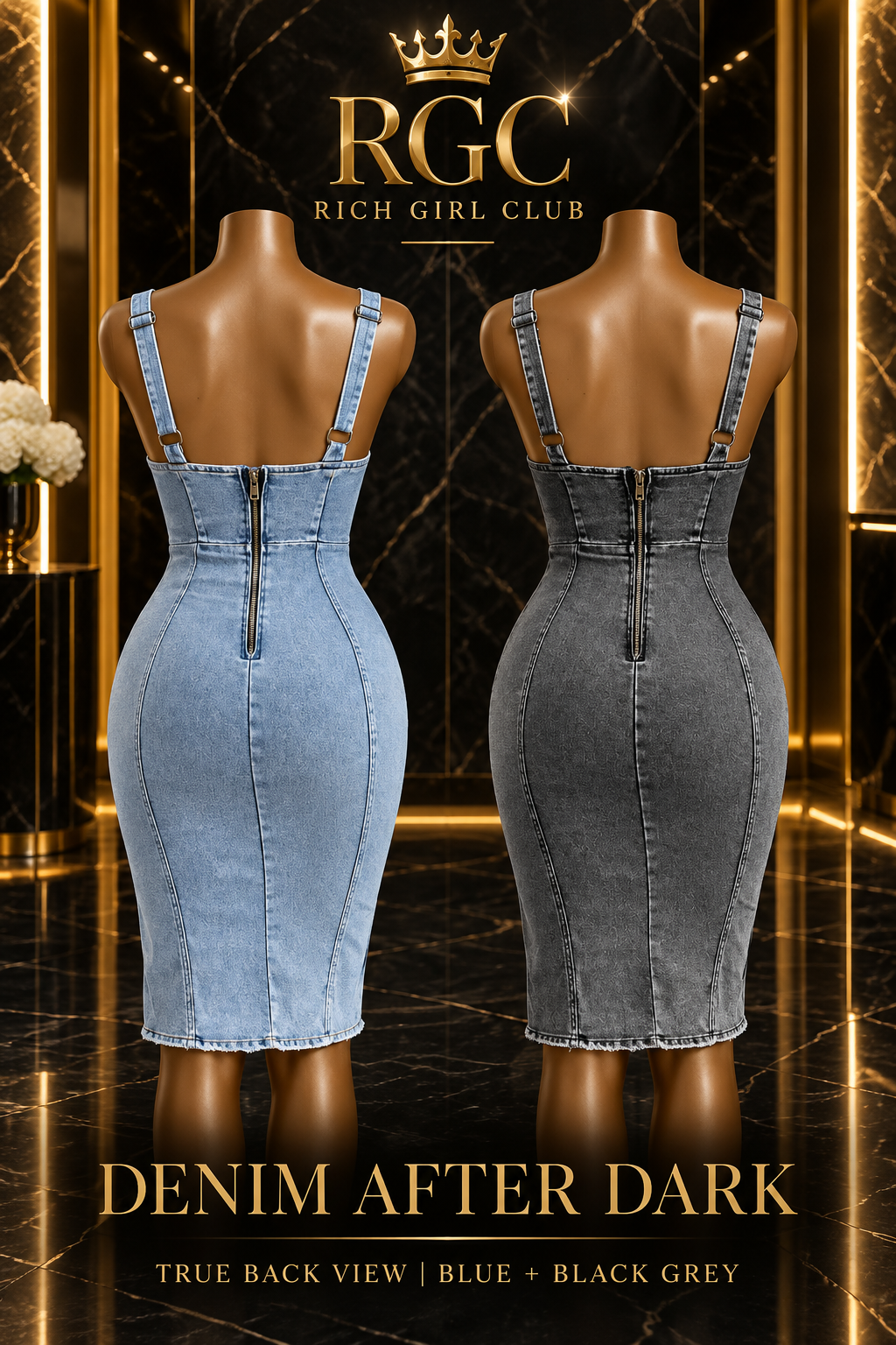 Back view of Blue and Black Grey fitted denim midi dresses showing adjustable wide straps, back zips, and center-back seams on mannequins.