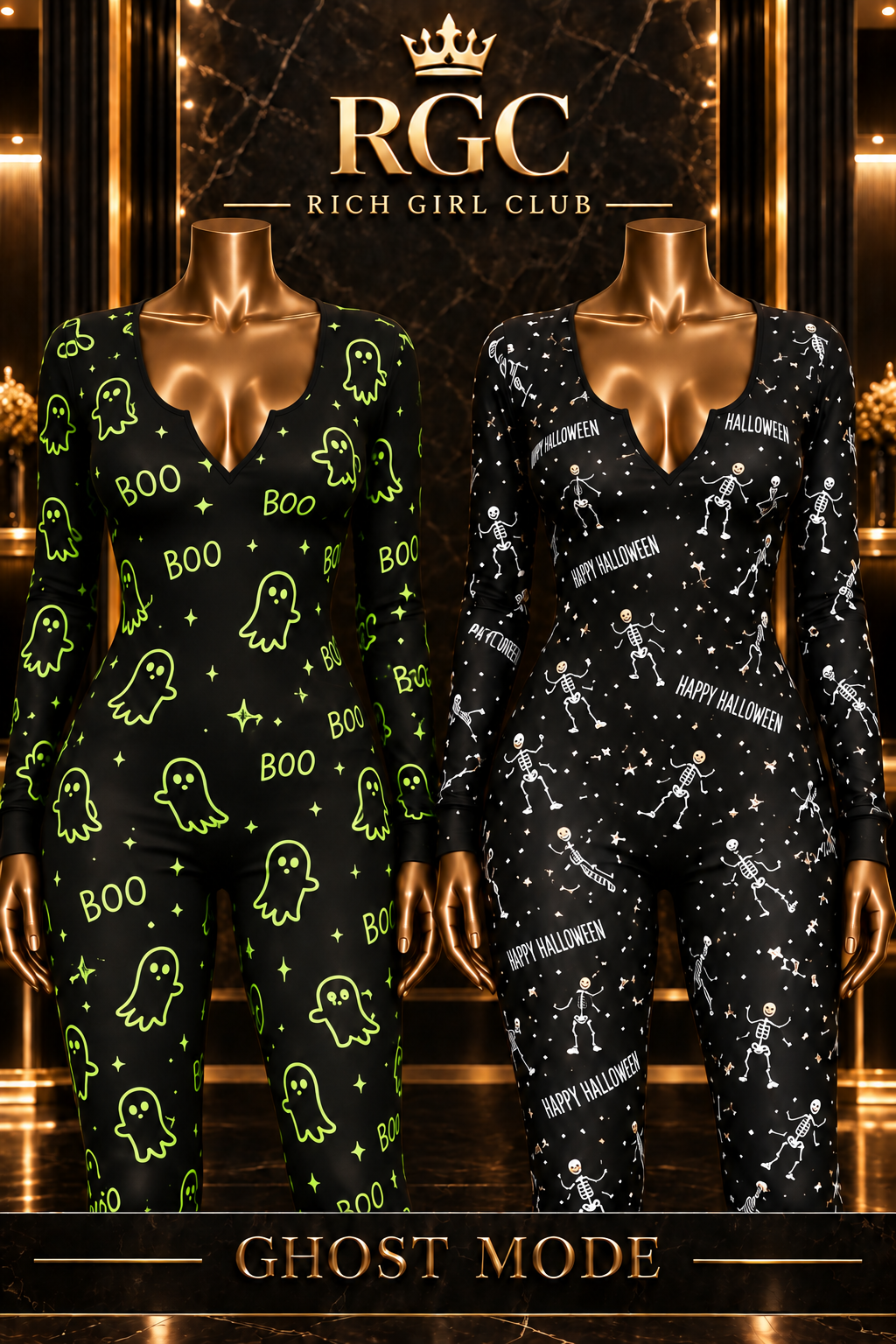 Green ghost and white skeleton print Ghost Mode jumpsuit details